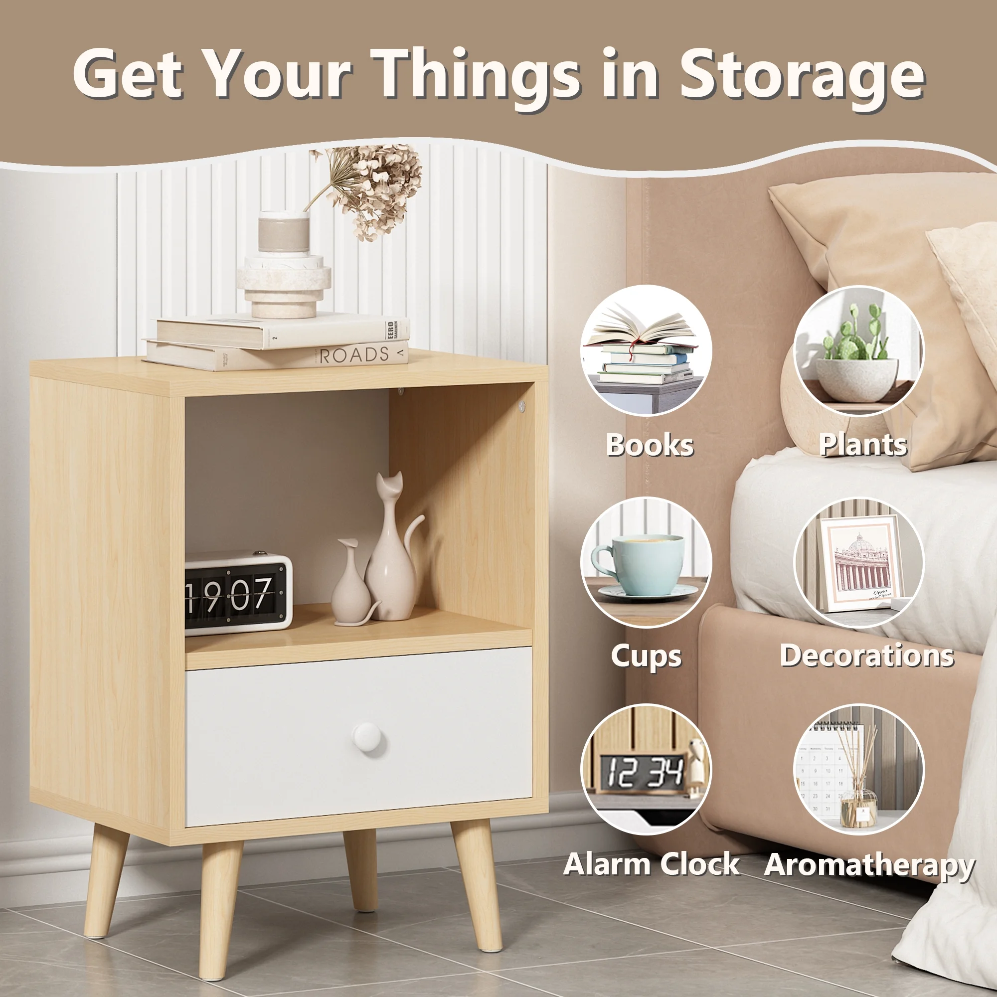 JAXPETY Nightstands Set of 2, Night Stand with 1 Drawer and Open Shelf Storage, End Table, Side Table, for Bedroom, Living Room, Natural Wood & White - Womvr