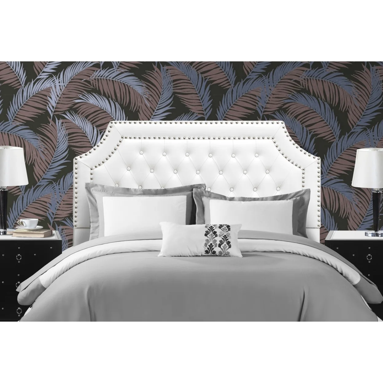 Chic Home Mahlon Headboard PU Leather Upholstered Button Tufted Double Row Silver Nailhead Trim - Womvr