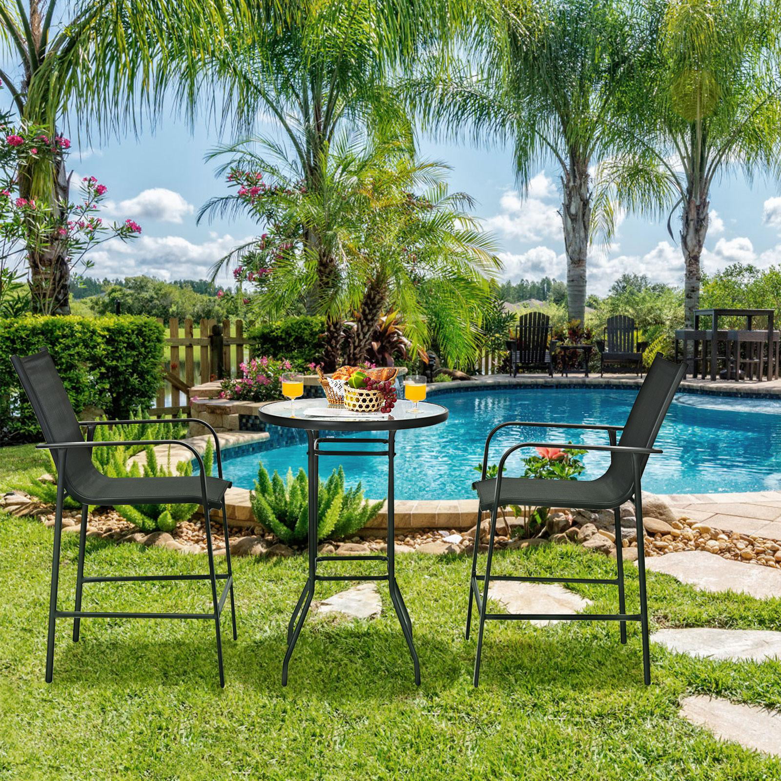 Giantex 3 Pieces Outdoor Patio Bar Set, Outdoor Bistro Set with 2 Bar Stools and 1 Tempered Glass Bar Table, Bar Height Patio Table and Stools Set for Backyard, Garden, Lawn (Black) - Womvr