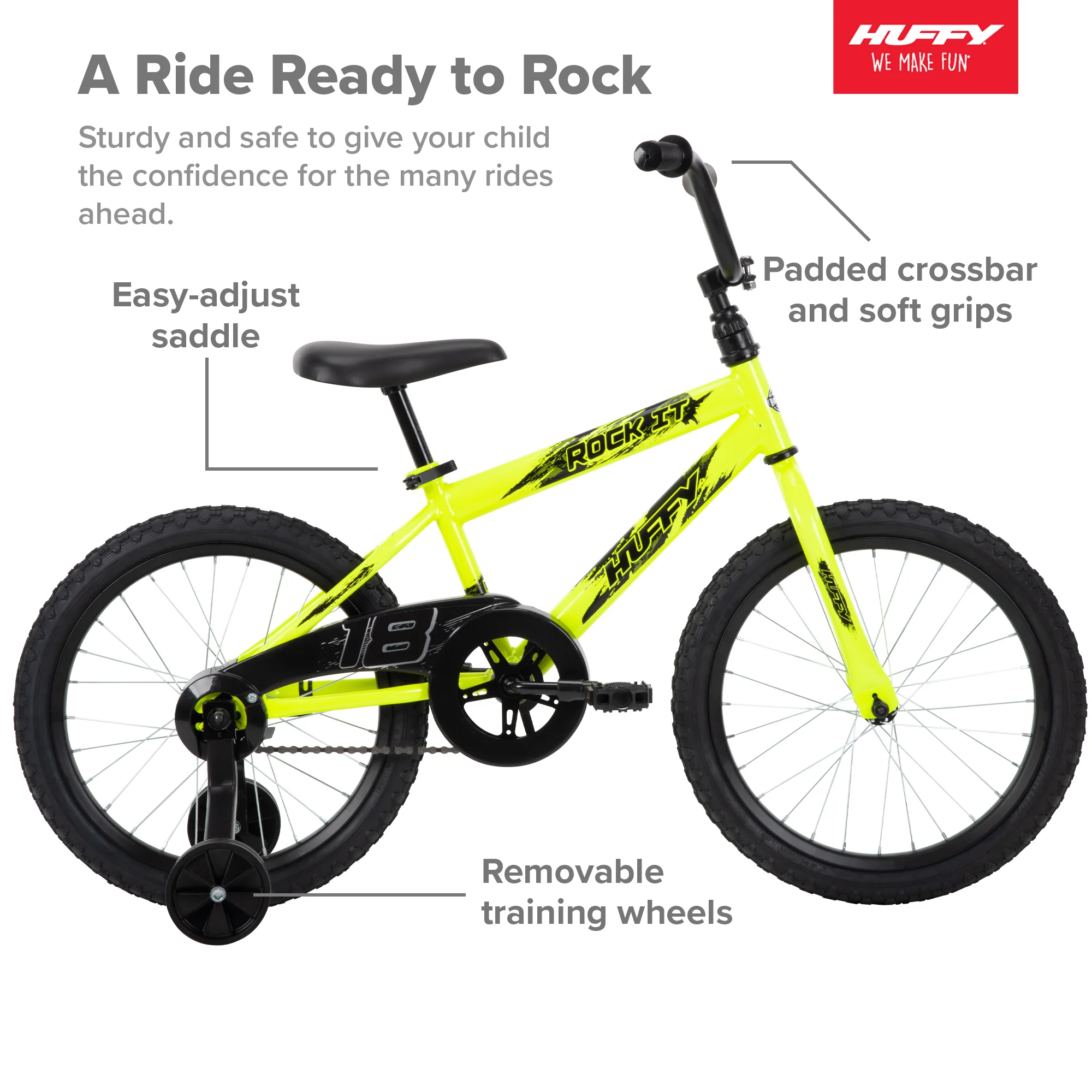Huffy 18 in. Rock It Kids Bike for Boys Ages 4 and up, Child, Neon Powder Yellow - Womvr