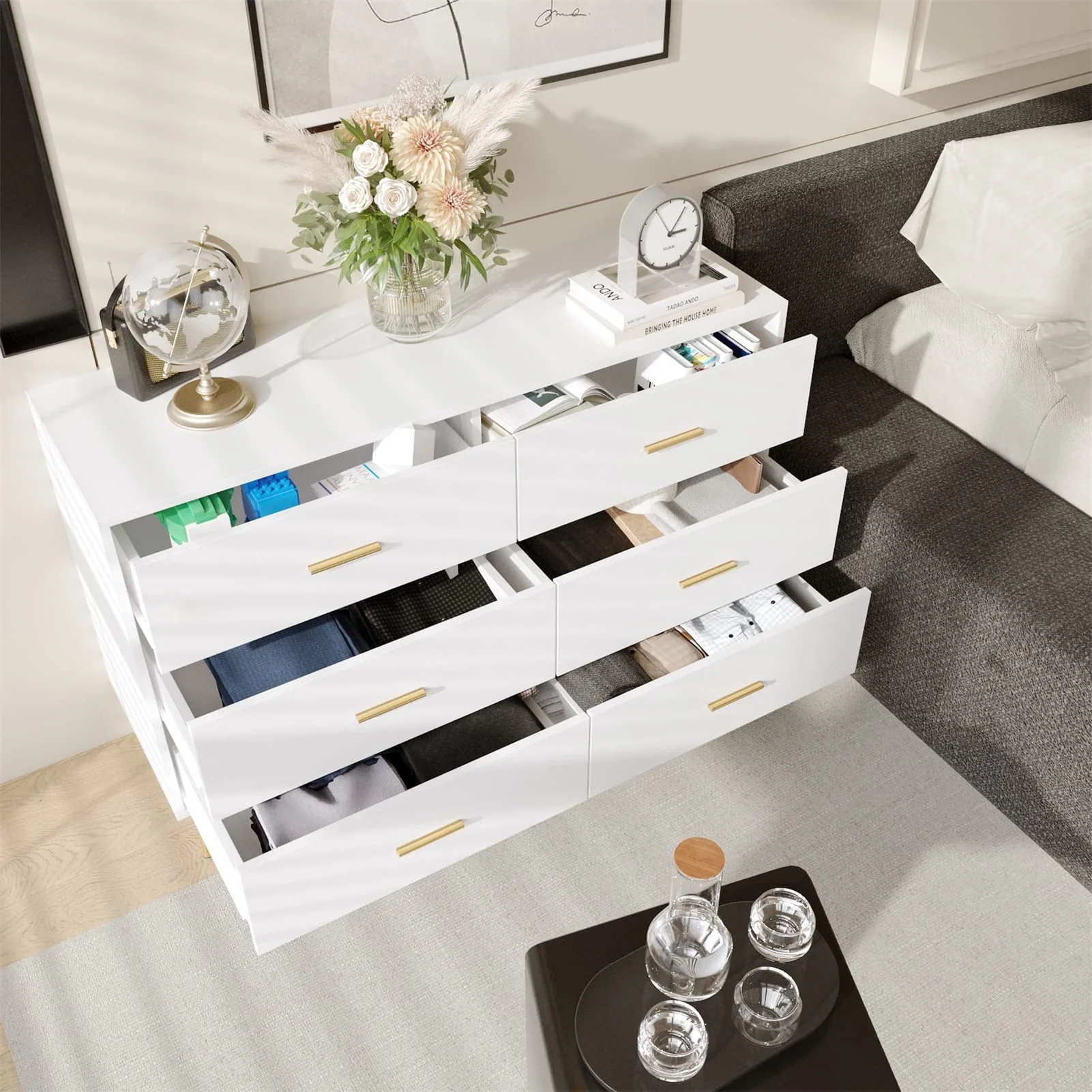 6 Drawer Dresser, Mid-Century Modern Chest Of Drawers, Double Dresser Storage Cabinet For Bedroom Living Room Hallway(White-6 Drawers) - Womvr