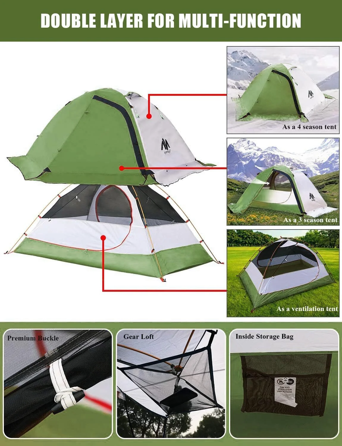 IC ICLOVER 4 Season Backpacking Tent for 2 Person Ultralight Waterproof All Weather Double Layer Camping Tents for Backpacker Outdoor Hiking Survival - Green - Womvr