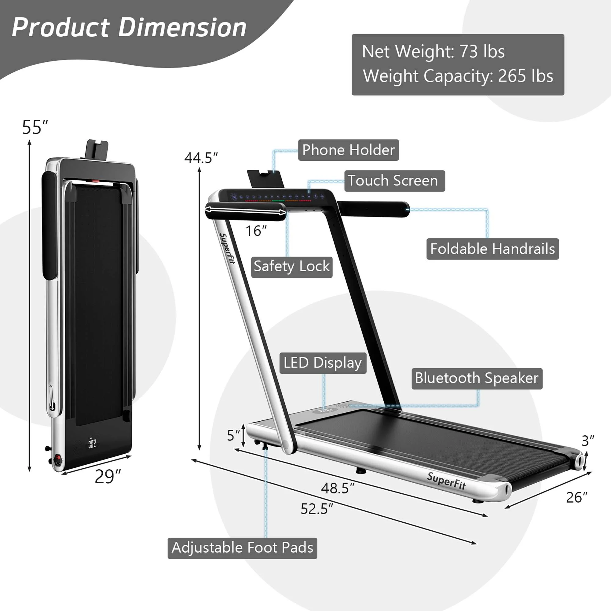 SuperFit Up To 7.5MPH 2.25HP 2 in 1 Dual Display Screen Folding Treadmill Jogging Machine W/APP Control Silver - Womvr