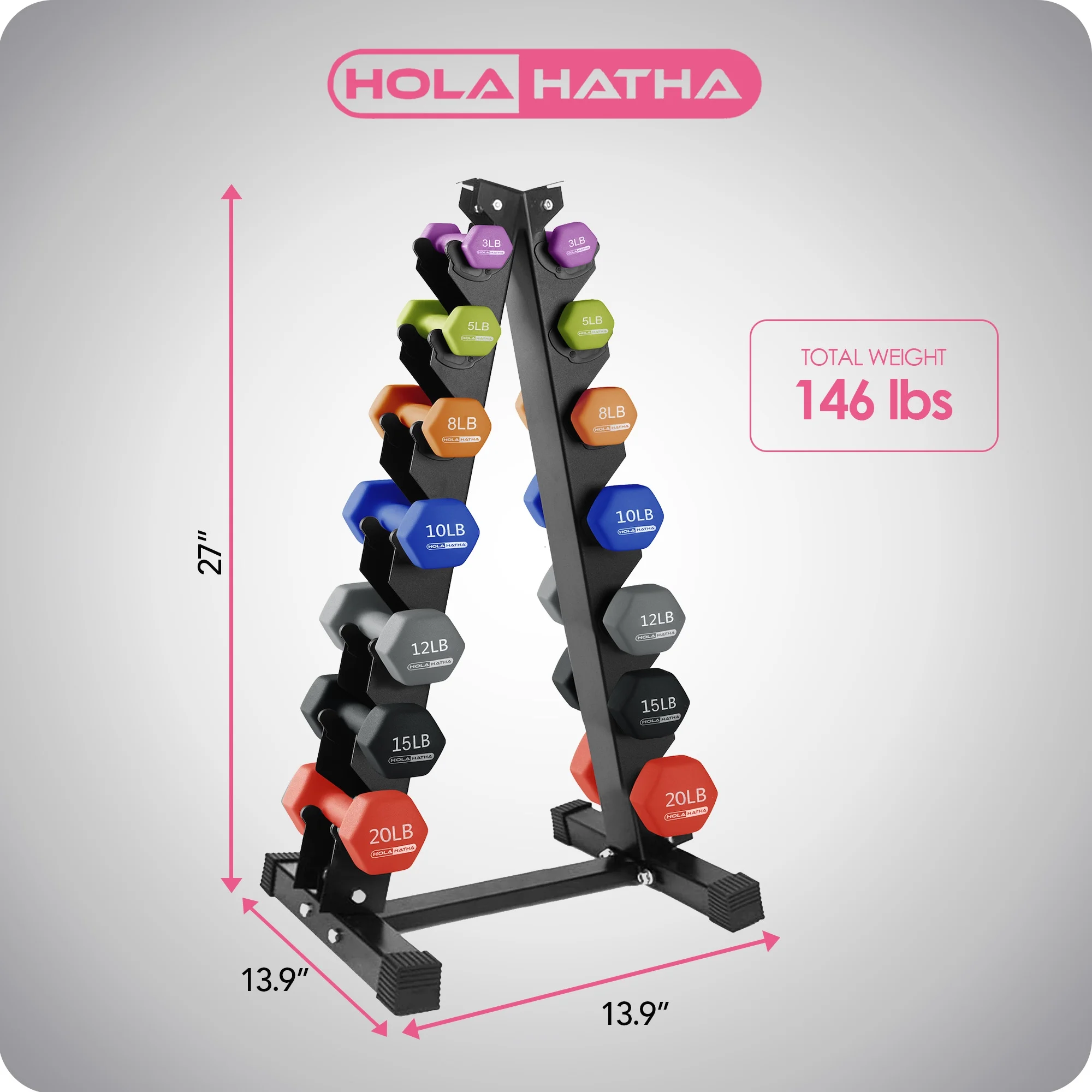 HolaHatha 3, 5, 8, 10, 12 & 15 Pound Neoprene Dumbbell Weight Set with Rack - Womvr