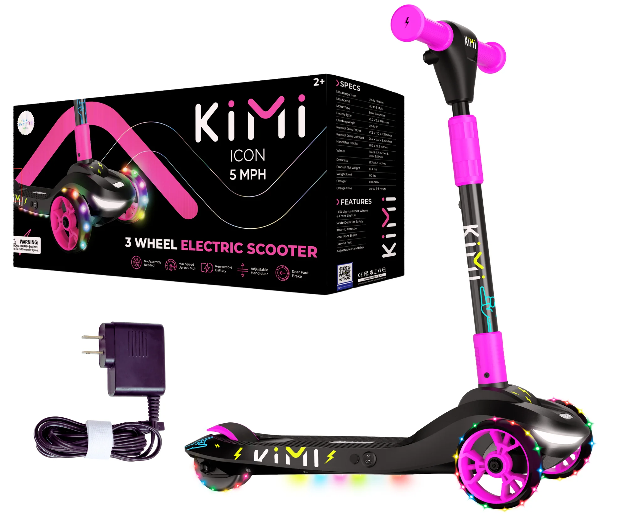 Kimi Kids 3-Wheel Electric Scooter, Ages 2-9, 5Mph, Lights, 10 Miles Range - Womvr