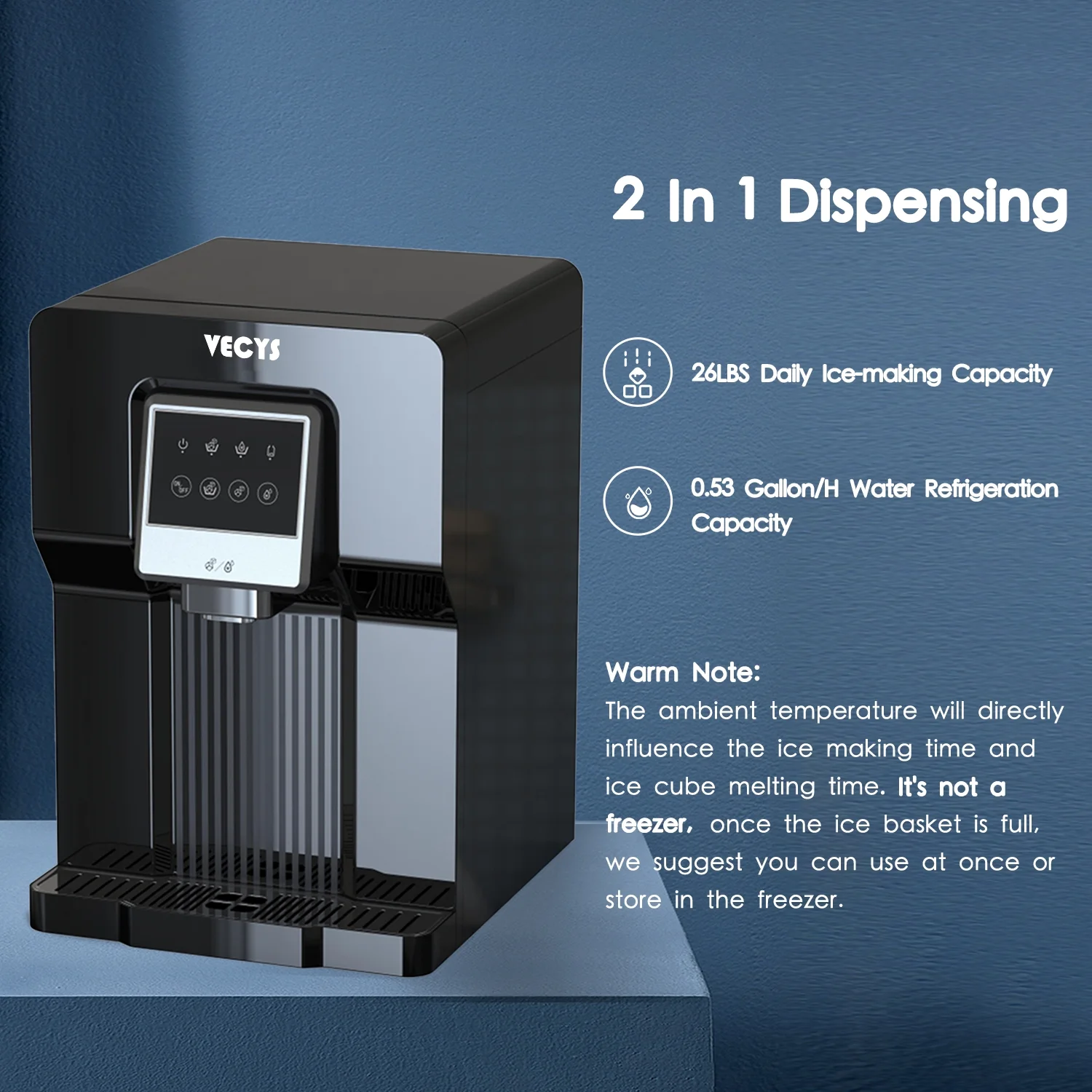 VECYS Water Cooler Dispenser with Built-in Ice Maker, 26LB Daily Ice Production and Refreshing Cold Water for Home and Office Countertop Use (NO Hot Water) - Womvr
