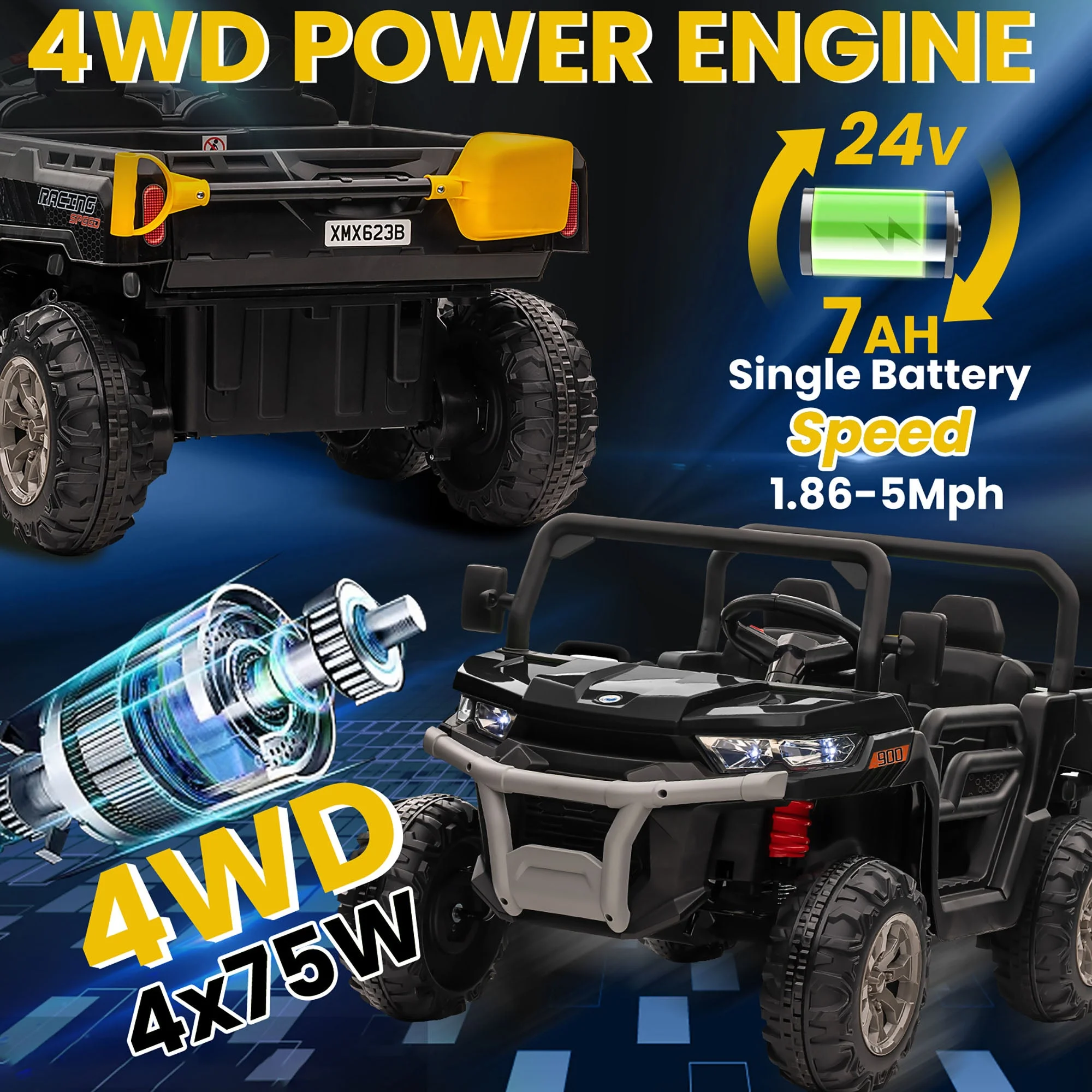 Joyracer 24V Ride on Toys, 2 Seater 6-Wheel UTV Car, 4WD Ride on Dump Truck for Big Kids with Trailer Remote Control, Black - Womvr