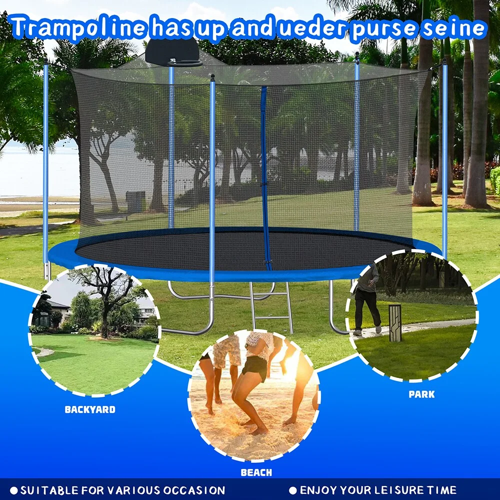 Highsound 12 FT Trampoline for Adults/Kids with Safety Enclosure Net, Basketball Hoop and Ladder, Heavy Duty Outdoor Recreational Trampolines for Family, Easy Assembly - Womvr