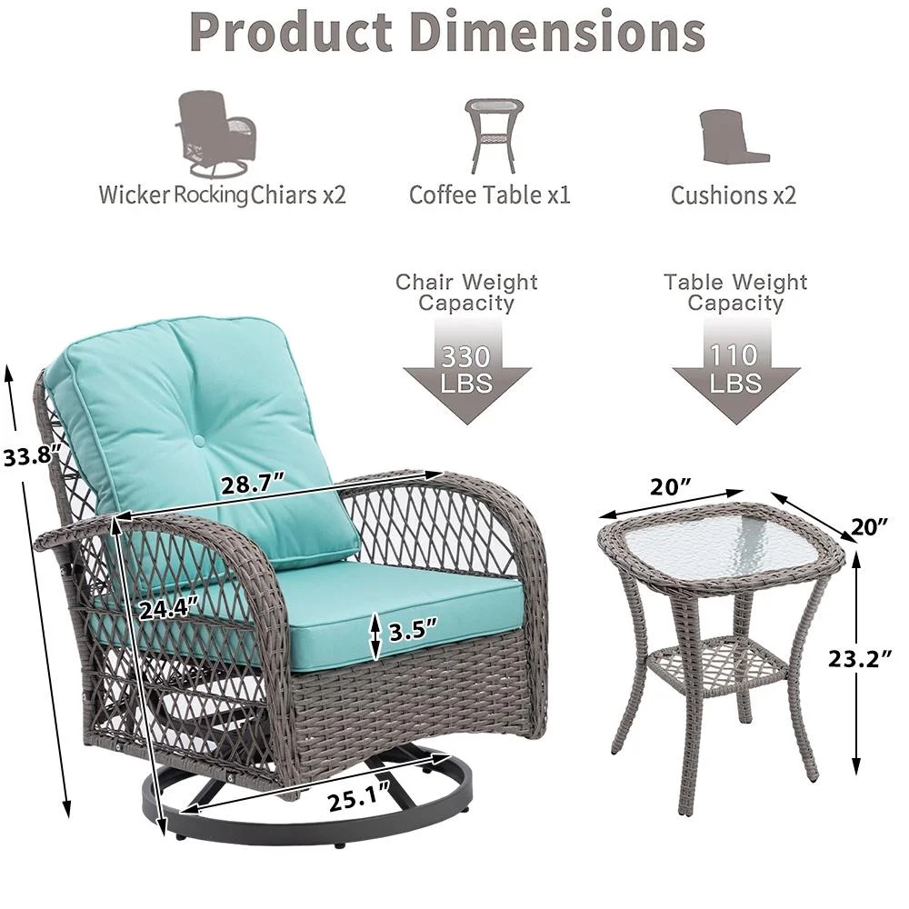 3 Piece Outdoor Bistro Swivel Chairs Set, Patio Bistro Set w/ 360° Swivel Rocking Chairs & Table, All-Weather Conversation Set with Metal Frame for Patio Backyard Porches or Garden - Khaki - Womvr