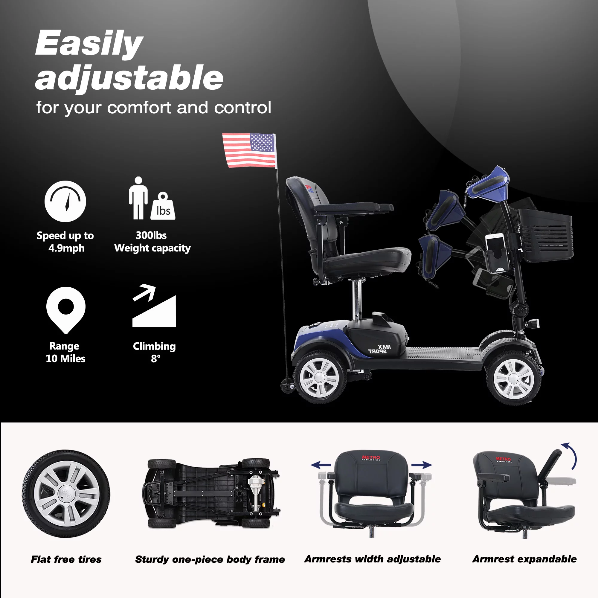 4 Wheel Mobility Scooter for Seniors, Outdoor Compact Mobility Scooter for Adults with Phone Holder and Cup Holder, 300 LBS Max Weight, Collapsible & Compact for Travel with Family, Blue - Womvr