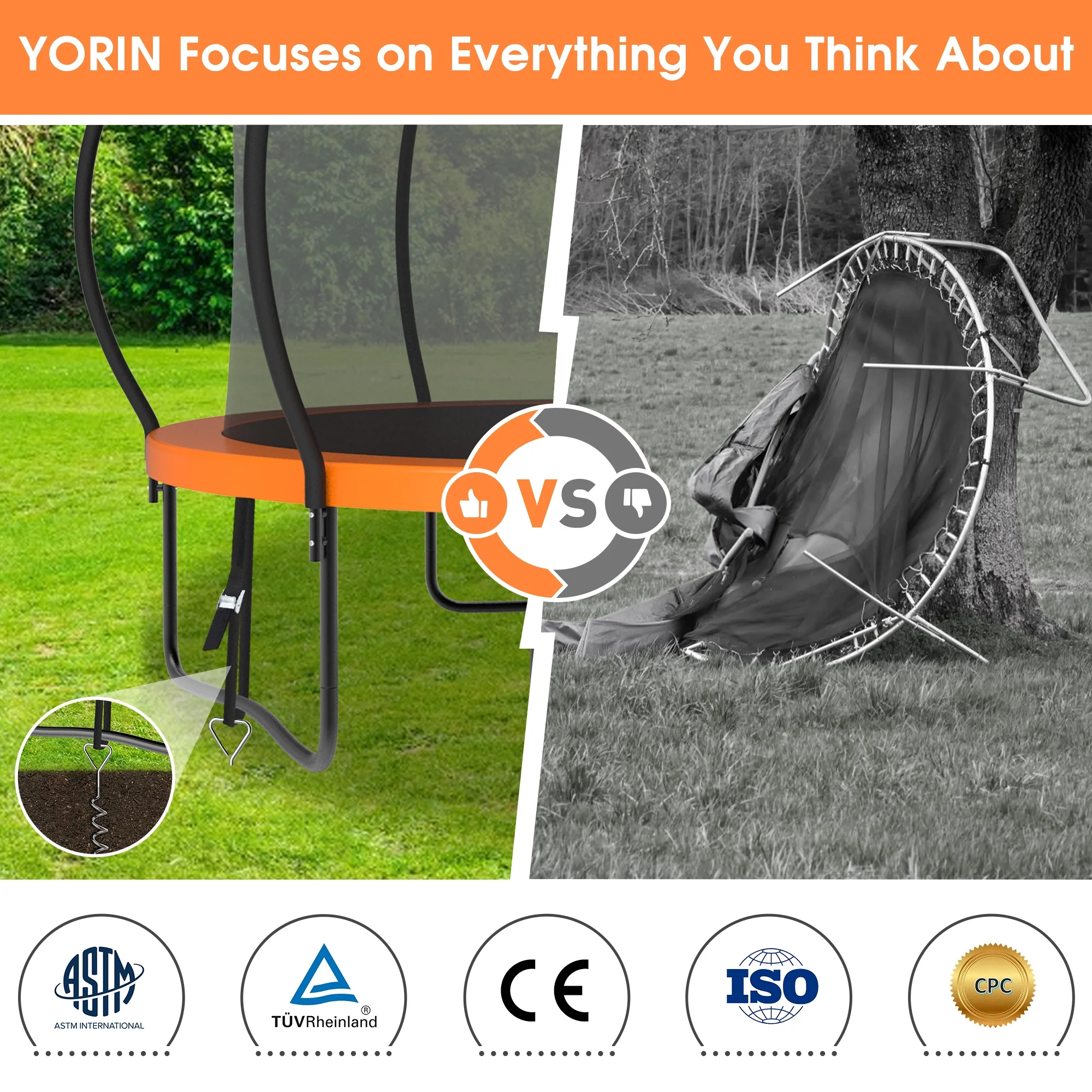 YORIN Trampoline for 2-3 Kids, 8FT 10FT Trampoline for Adults with Enclosure Net, Basketball Hoop, Ladder, 800LBS Outdoor Recreational Trampoline with Light, Sprinkler, Socks, Heavy Duty Trampoline - Womvr