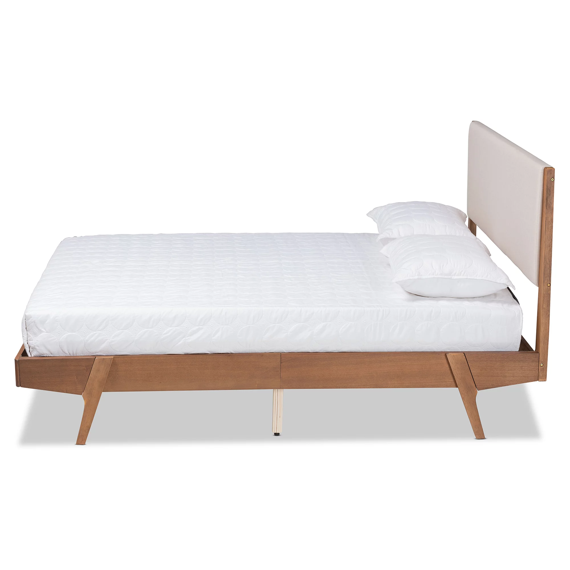 Baxton Studio Sennae Mid-Century Modern Beige Fabric Upholstered and Walnut Brown Finished Wood Queen Size Platform Bed - Womvr