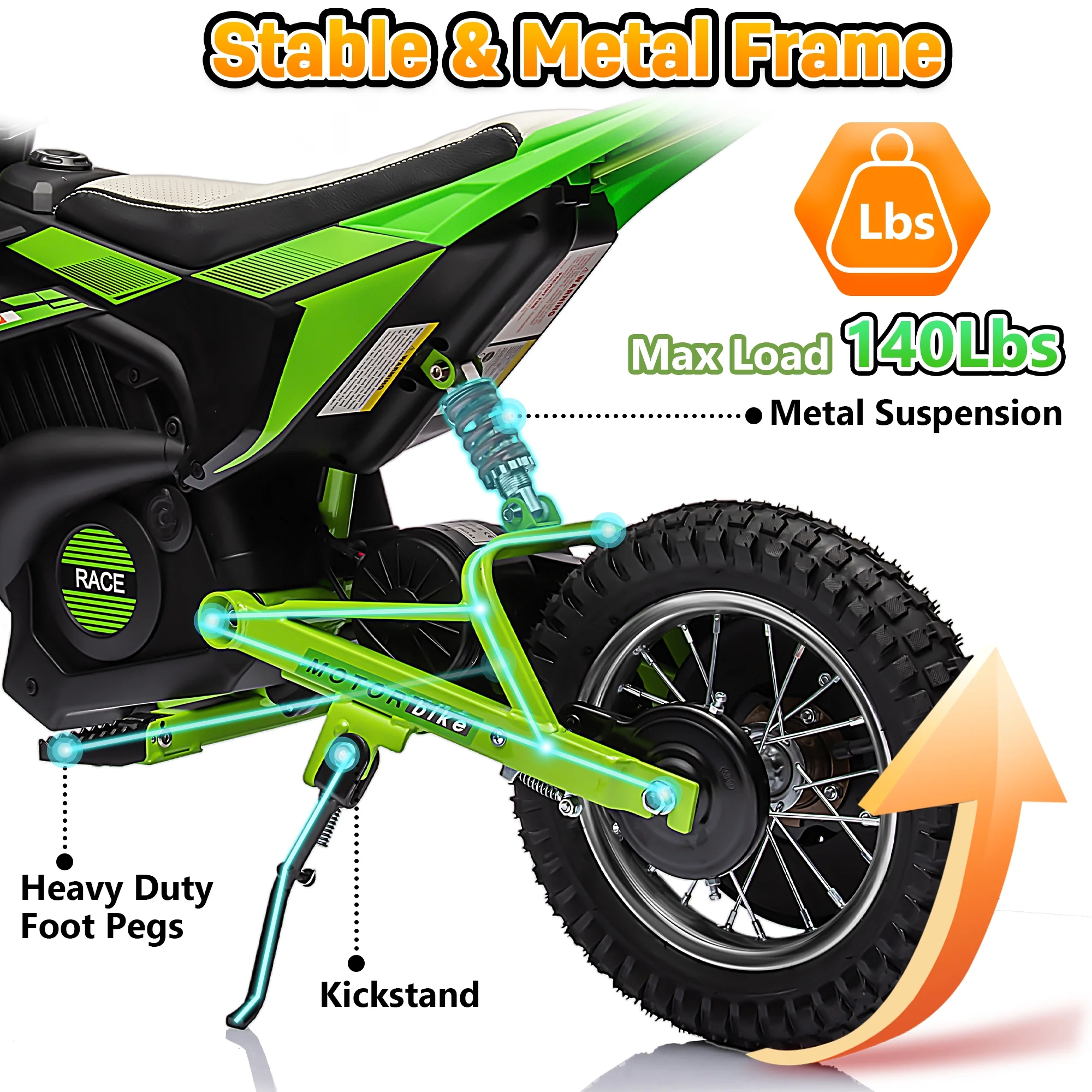 Wisairt 24V Dirt Electric Ride on Motocross Bike for Kids and Teens 13+ Between 40 and 140 lbs(Blue & Orange) - Womvr