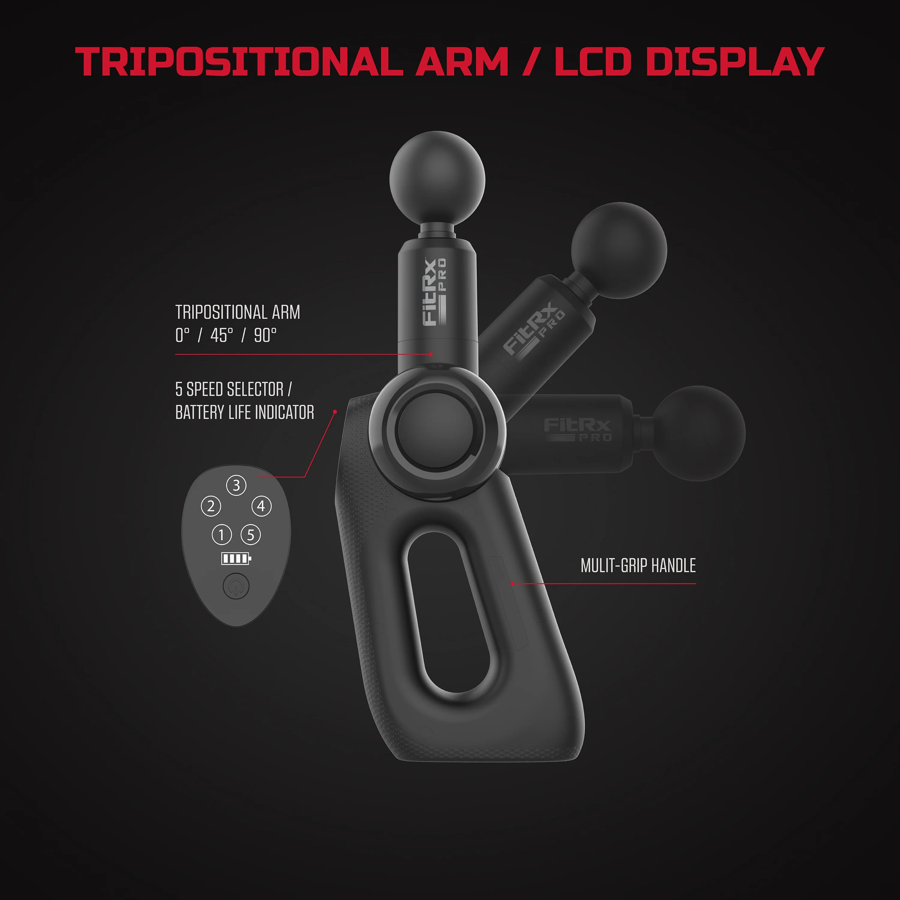 FitRx Pro Neck and Back Massager, Handheld Percussion Massage Gun with Multiple Angles, Speeds and Attachments - Womvr