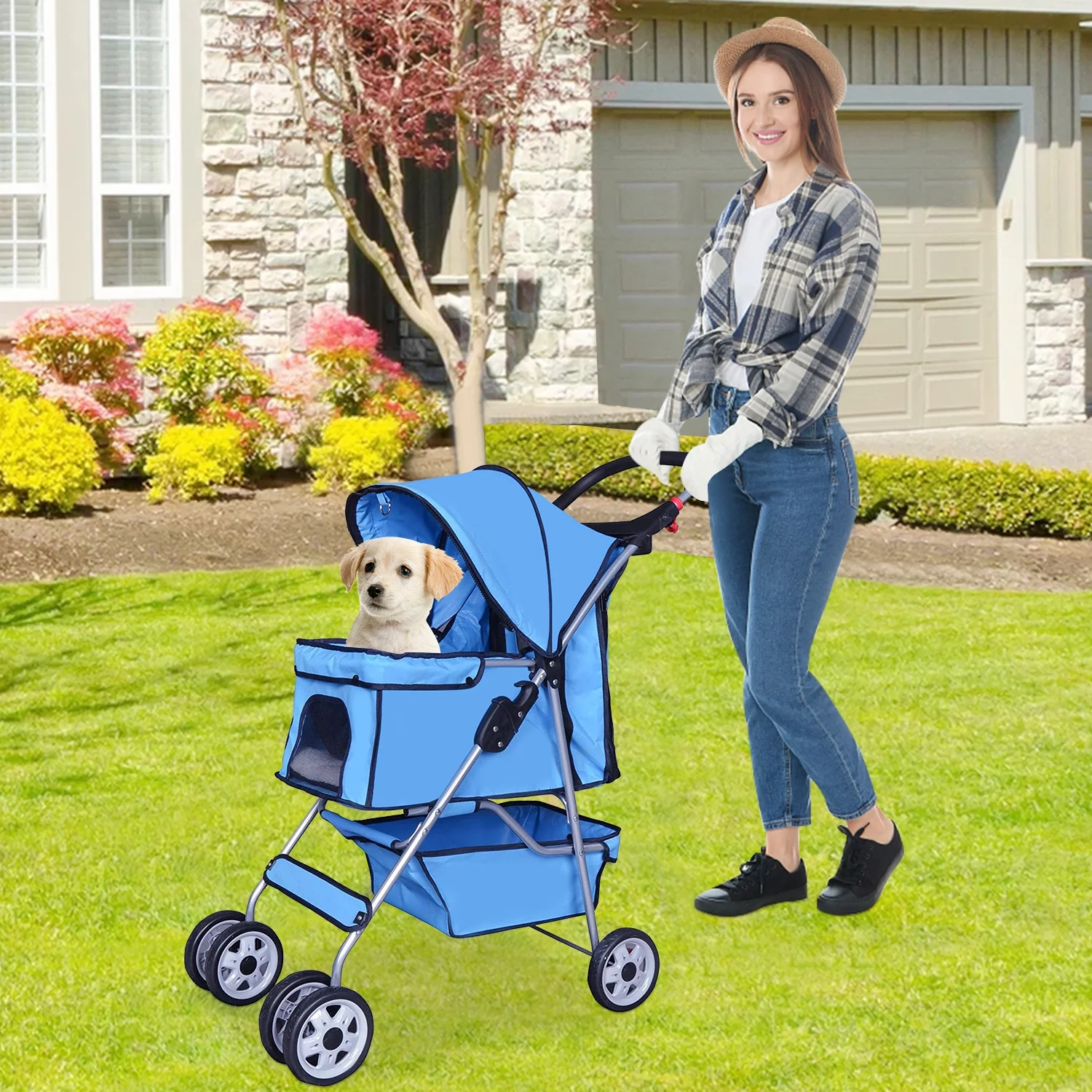 4 Wheels Pet Stroller Foldable Dog Stroller Cat Stroller with Storage Basket & Removable Liner, Travel Lite Foldable Carrier Strolling Cart for Dogs Cats, Black - Womvr