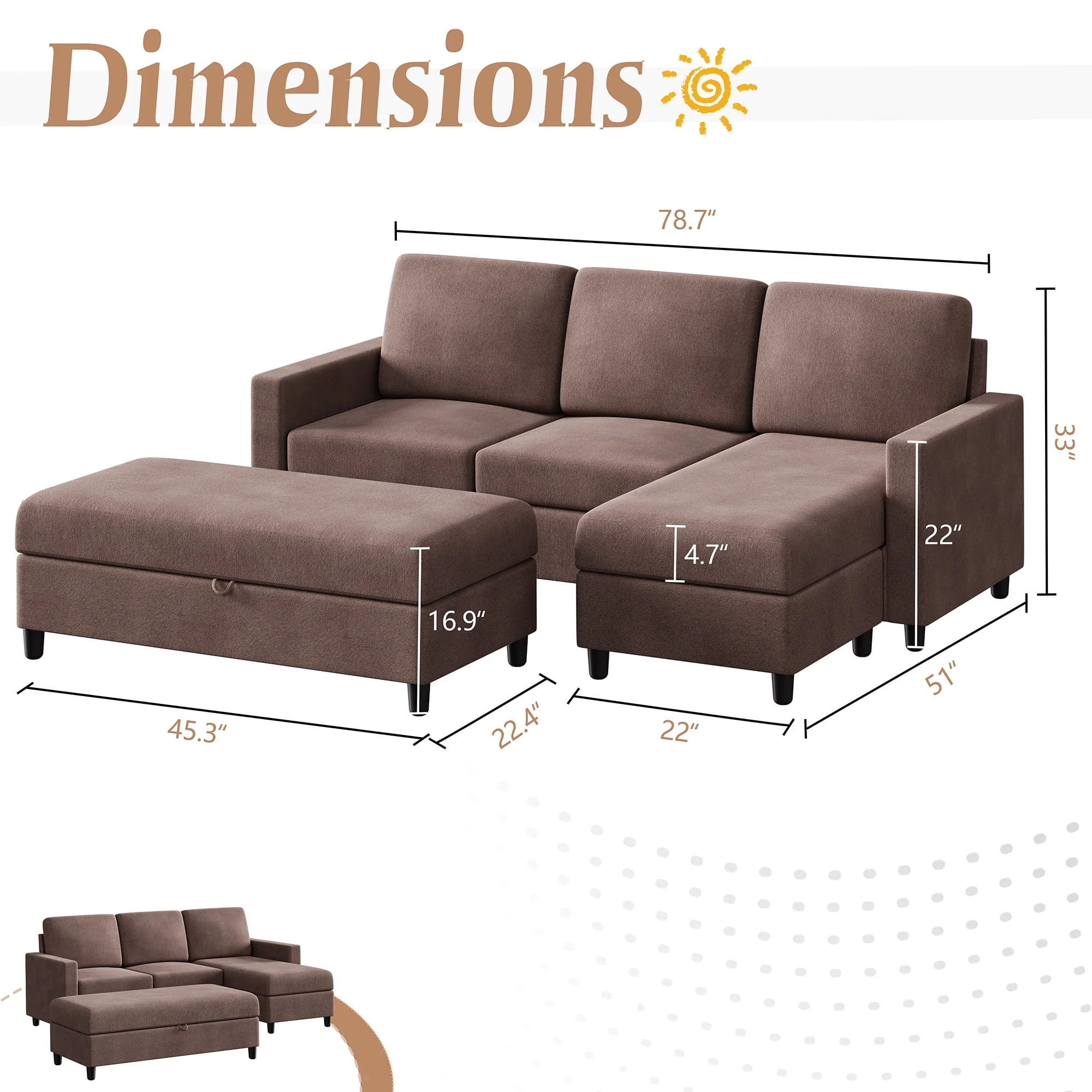 Walsunny Convertible Sectional L-Shaped Sofa with Modern Linen Fabric(Grayish Black) - Womvr