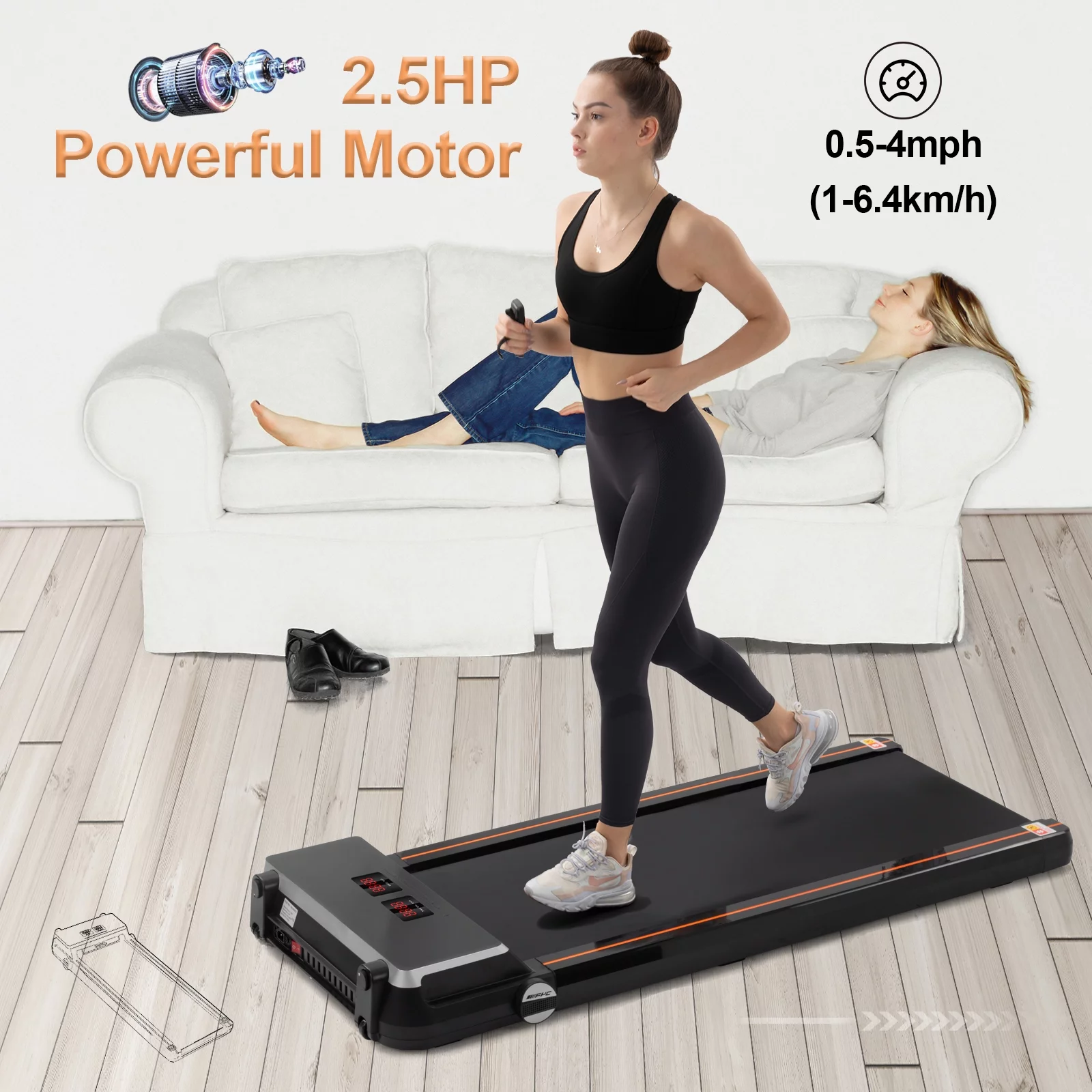 FYC Under Desk Treadmill for Home Office, Slim Walking Smart Treadmill with APP/Bluetooth/Remote Control - Electric Treadmill with LED Display, Running Walking Jogging - White - Womvr