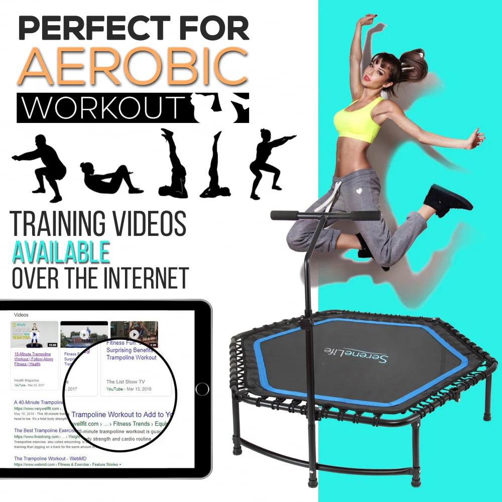 SereneLife SLELT518 - Pro Aerobics Fitness Trampoline - Portable Gym Sports Trampoline with Adjustable Handrail - Womvr
