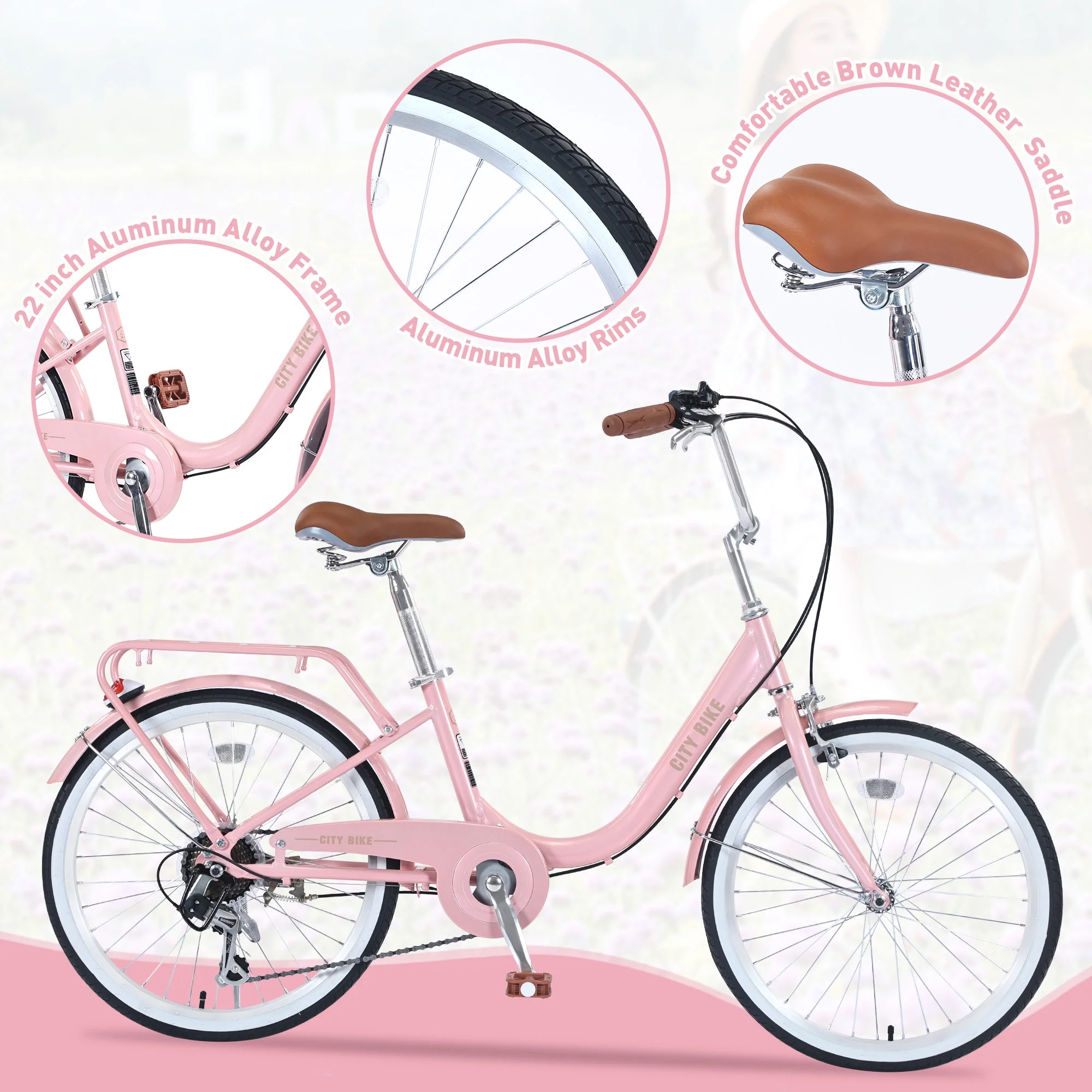 Girls Cruiser Bike for Kids 8+ Years Old, City Bike with 22 inch Shimano, 7 speed, Leather Saddle, Front&Rear Caliper Brake, Commuter Bicycle Pink - Womvr