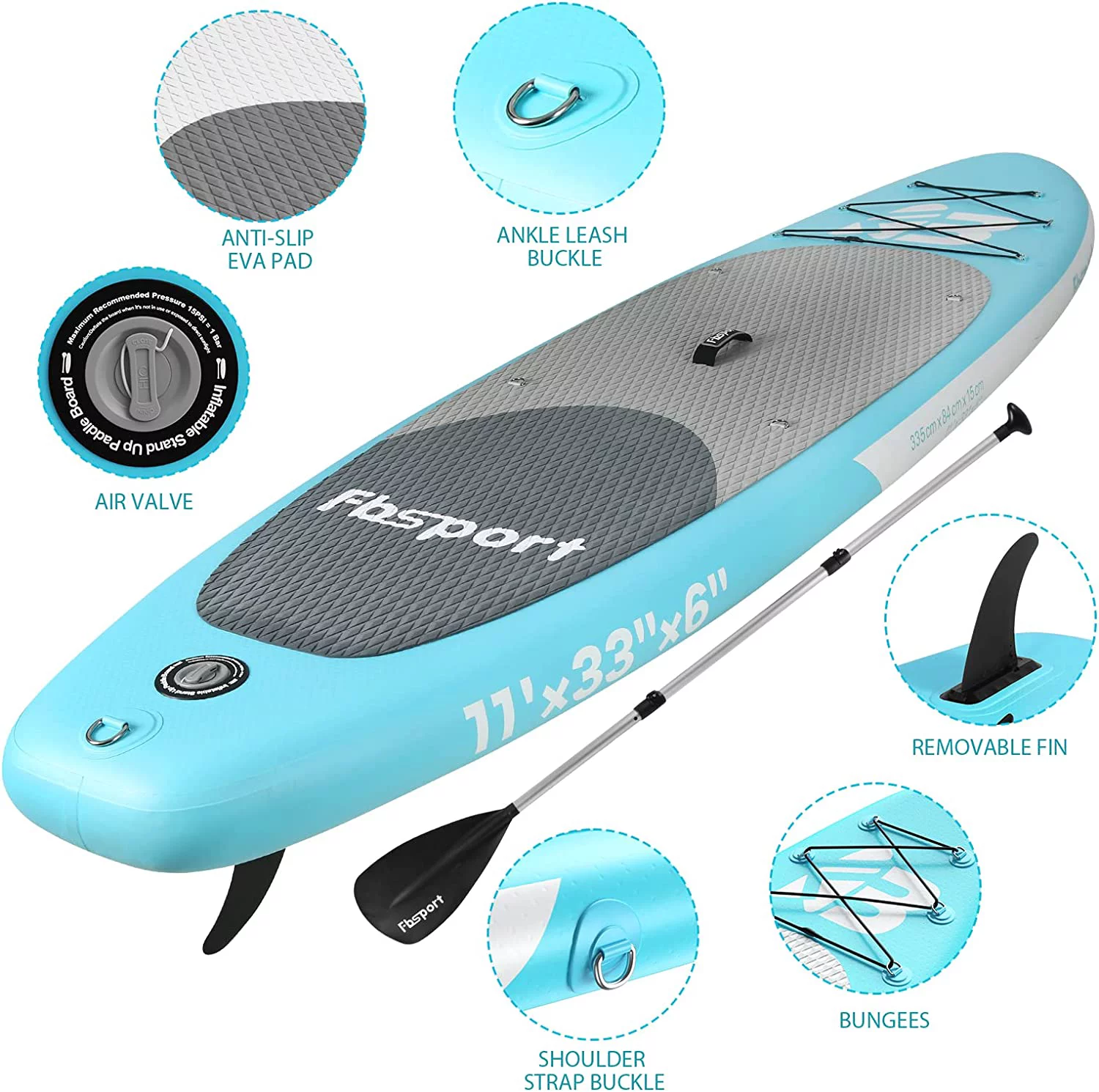 Summer Savings Fbsport 11ft Inflatable Paddle Board SUP, 6'' Thick W/Paddling Fins Electric Pump & Accessories Pack, Green - Womvr