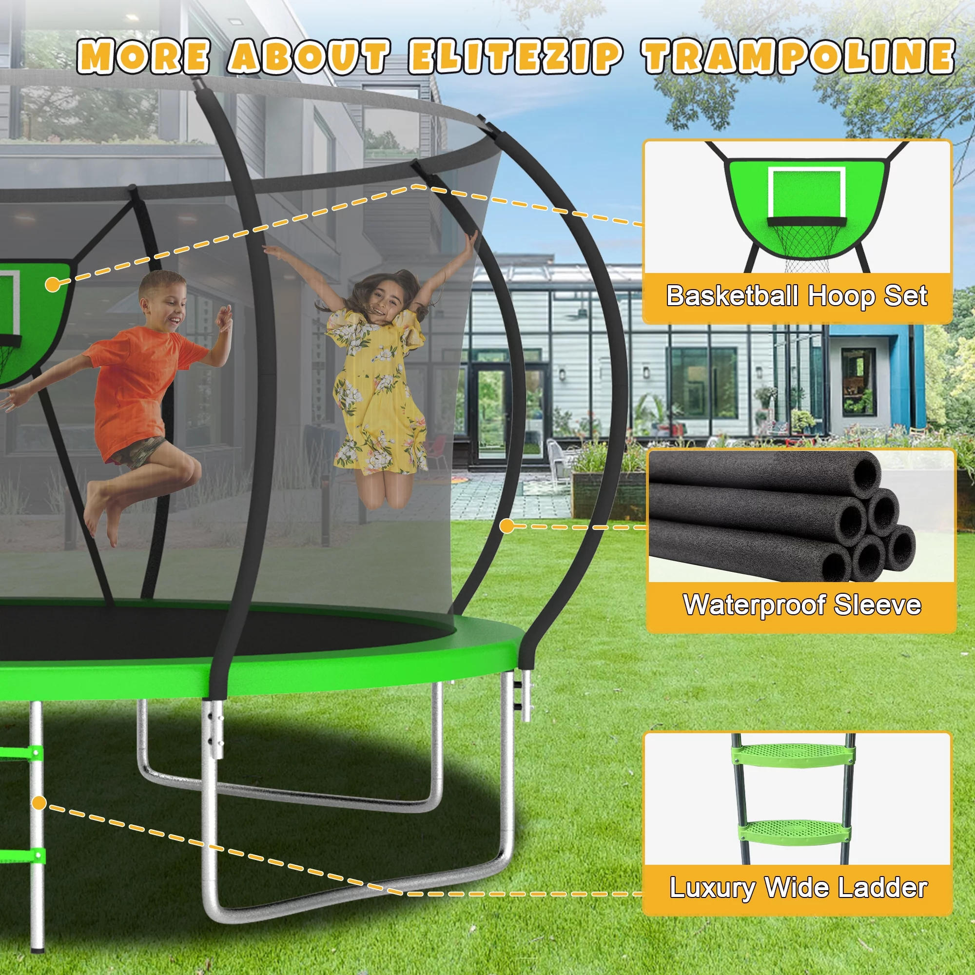 Elitezip Trampoline 12FT Trampoline for Kids and Adults, 1500LBS Heavy Duty Trampoline with Enclosure and Basketball Hoop, Outdoor Trampoline Easy Assembly - Womvr