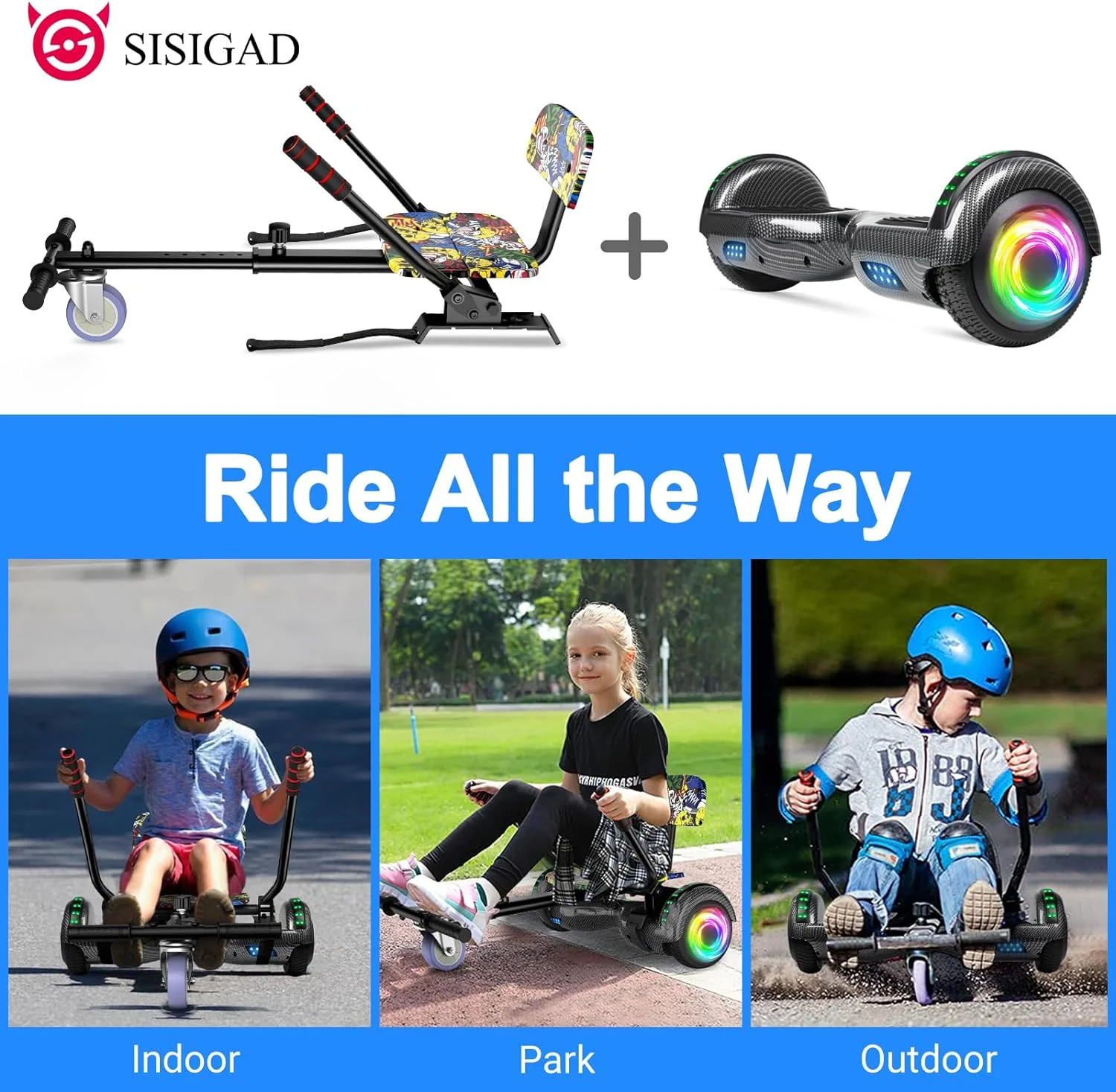 SISIGAD Hoverboard with Seat, 6.5 inch Hoverboard Go Kart Combo with Bluetooth Speaker & LED Lights for Kids Adults - Womvr