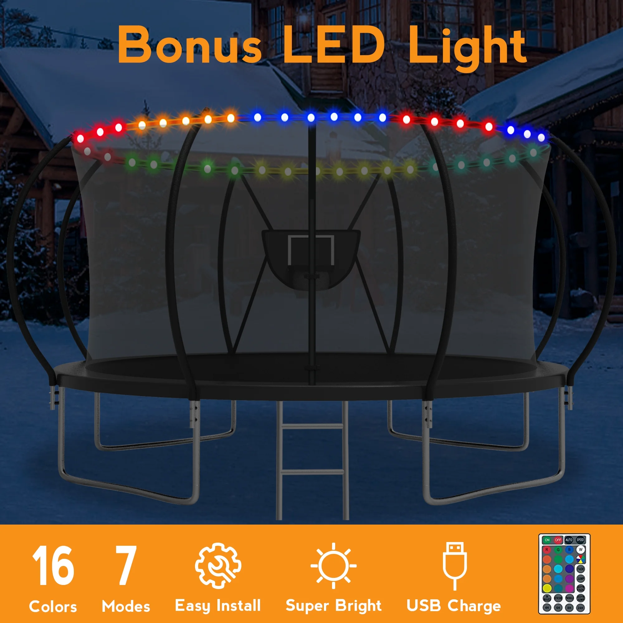 KOFUN Trampoline with Basketball Hoop & Light, 1500lbs 10FT 12FT 14FT 16FT Trampoline for Adults and Kids, No Gap Design Backyard Trampoline with Enclosure Net, Ladder, Green - Womvr