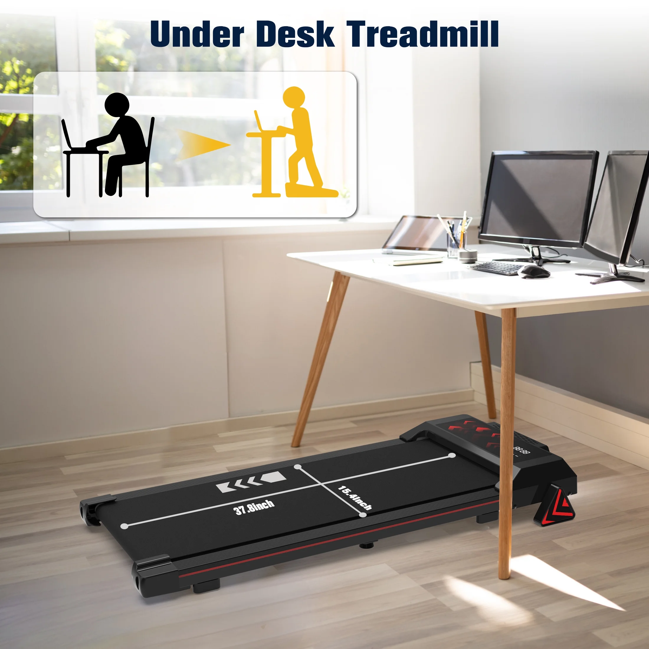 Incline Walking Pad Under Desk Treadmill Portable with Remote 265LBS 2.25HP Workout Fitness, Black - Womvr
