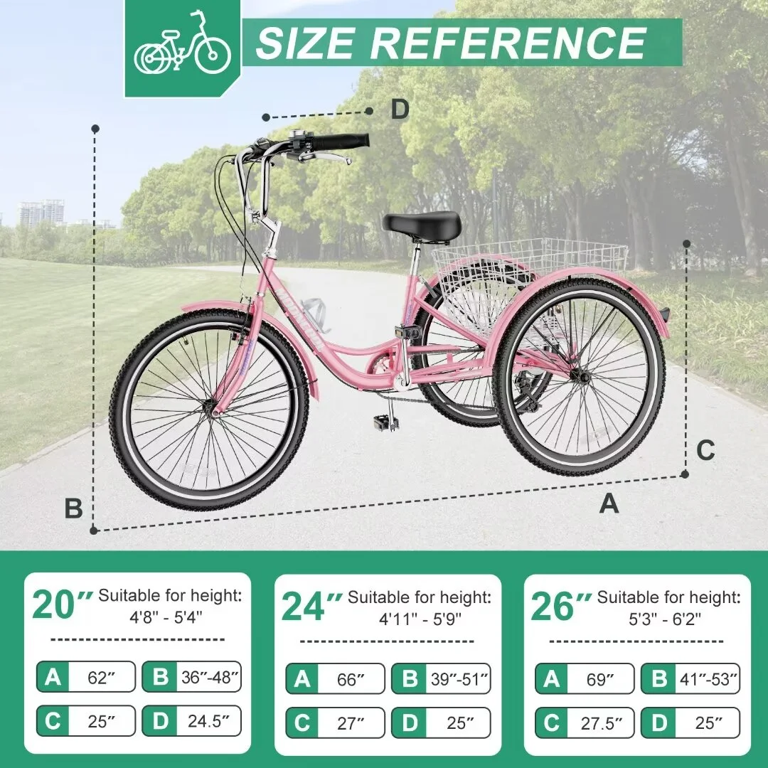 Docred Adult Tricycle 7 Speed 24 Inch Three Wheel Bike Cruiser Trike for Men/Women/Seniors - Womvr
