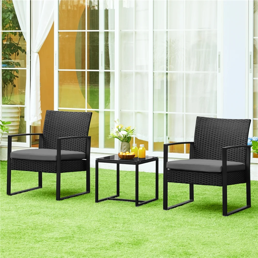 Yaheetech Modern 3-piece Patio Rattan Chairs & Table Set with Cushions, Black/Gray - Womvr