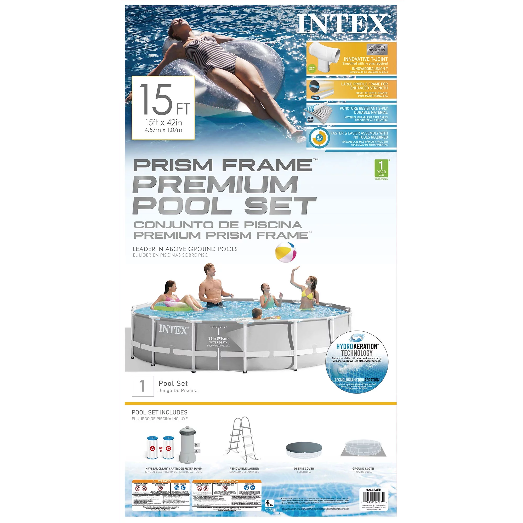 Intex 15ft x 42in Prism Frame Above Ground Swimming Pool Set with Debris Cover - Womvr