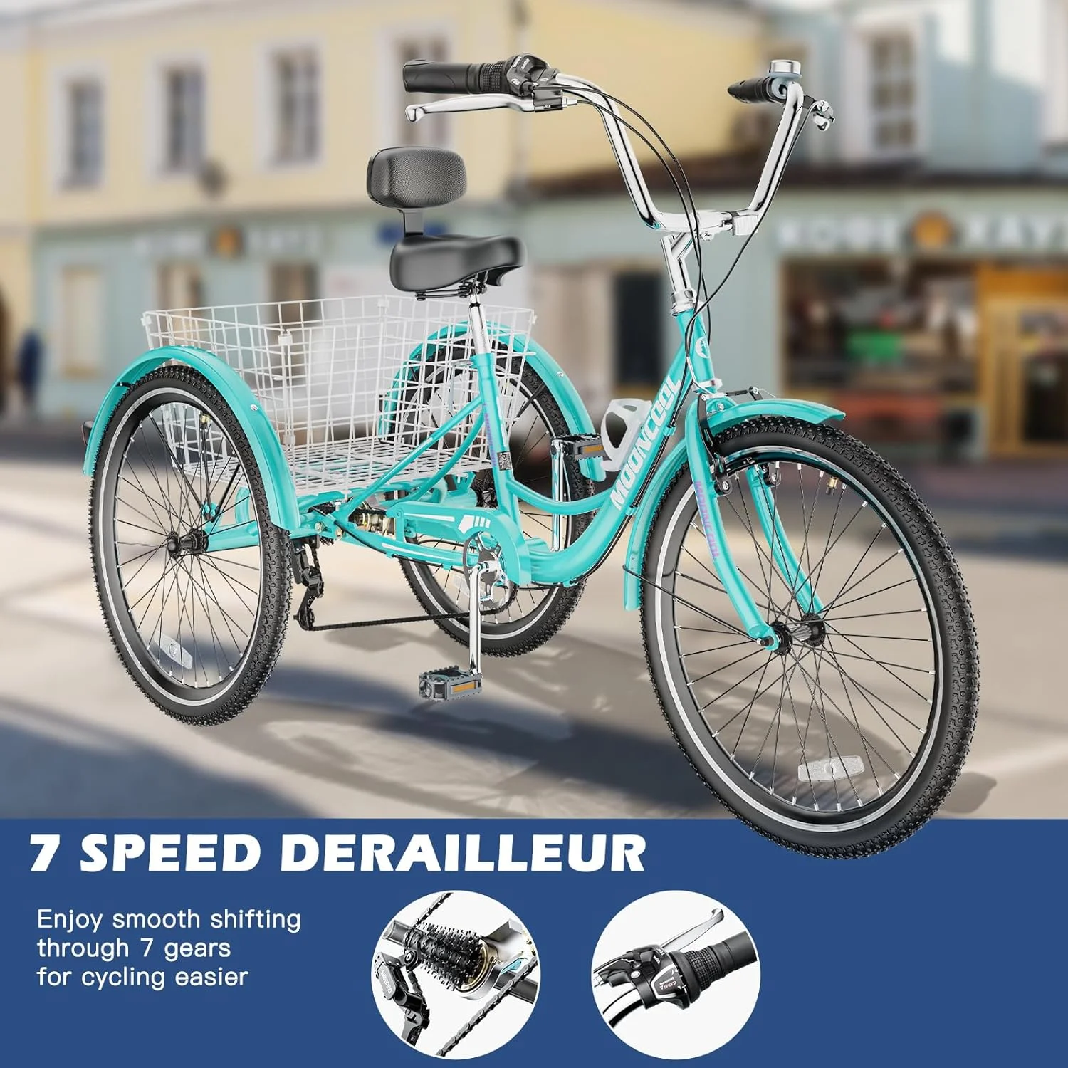 MOONCOOL Adult Tricycles with Rear Basket, 24 26 inch 7 Speed 3 Wheel Bikes, Three-Wheeled Bicycles Adult Trike with Backrest for Seniors, Women, Men - Womvr