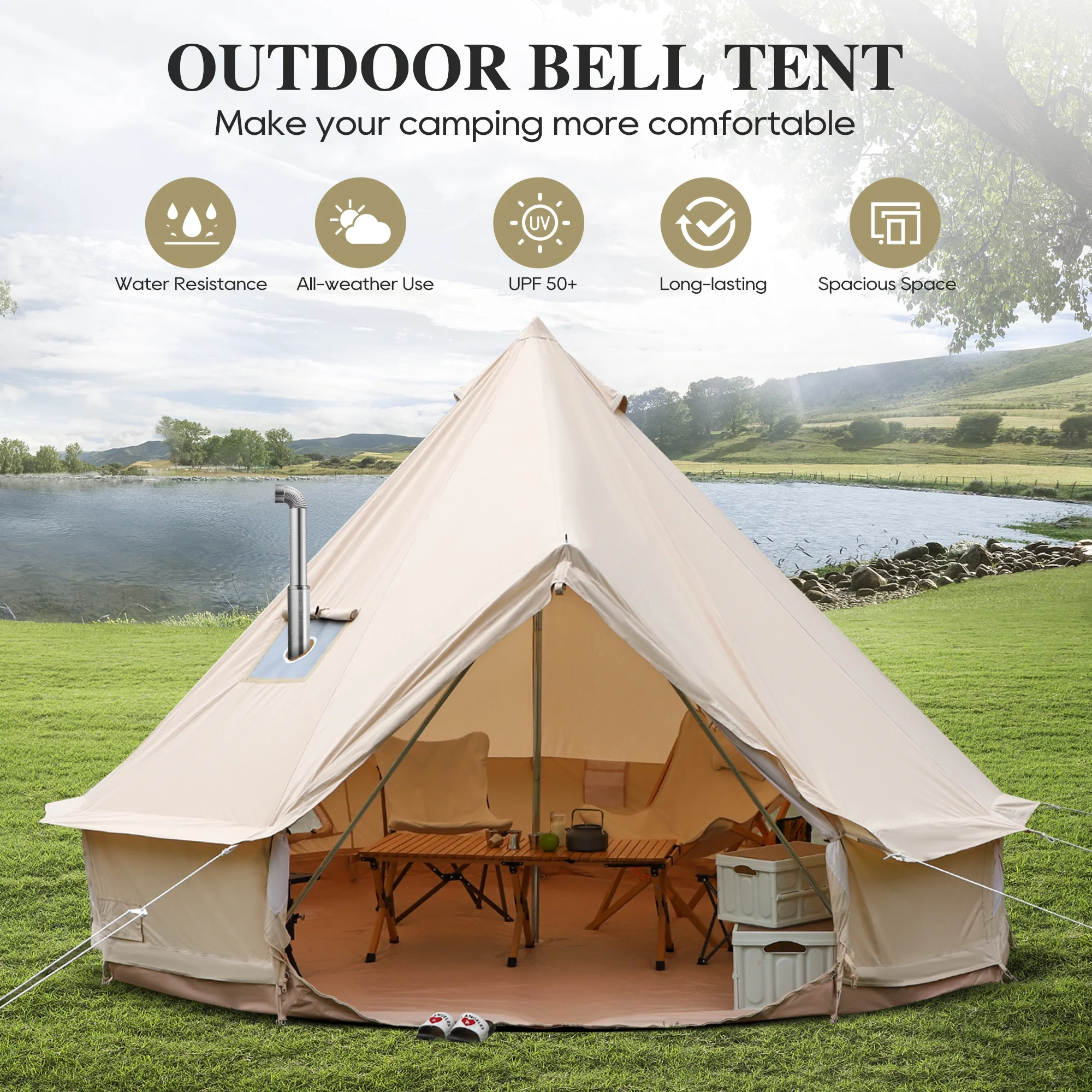 LVUYOYO Bell Tent for Camping, Cotton Canvas Bell Tent with Stove Jack, Outdoor Canvas Bell Tent for Family Glamping Camping, 4 Season Tent with Zipped Removable Floor,5M,Green - Womvr
