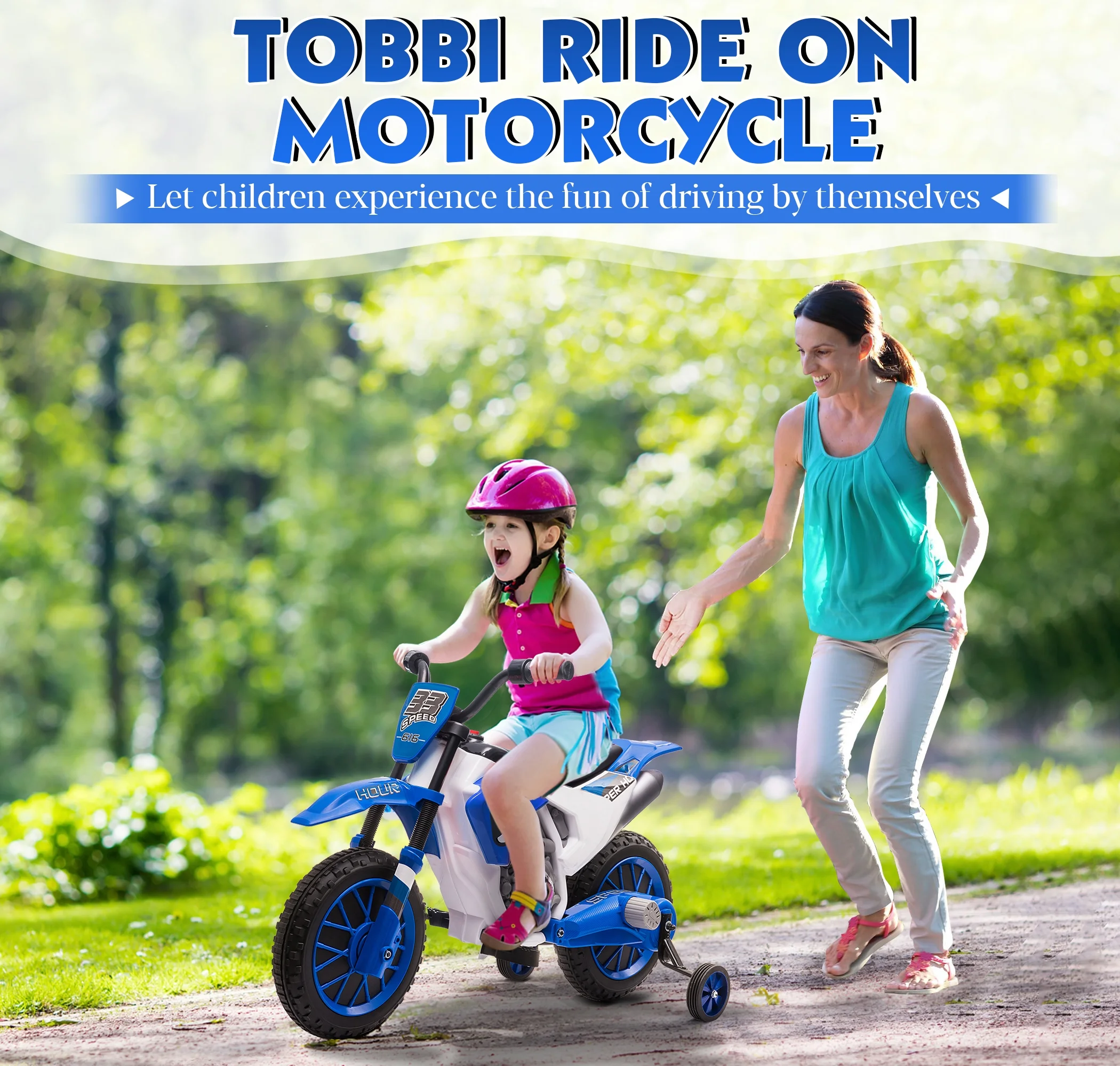 TOBBI 12V Kids Motorcycle off- Road Ride on Dirt Bike W/ Training Wheels, Age 3-8 Toddlers, Green - Womvr