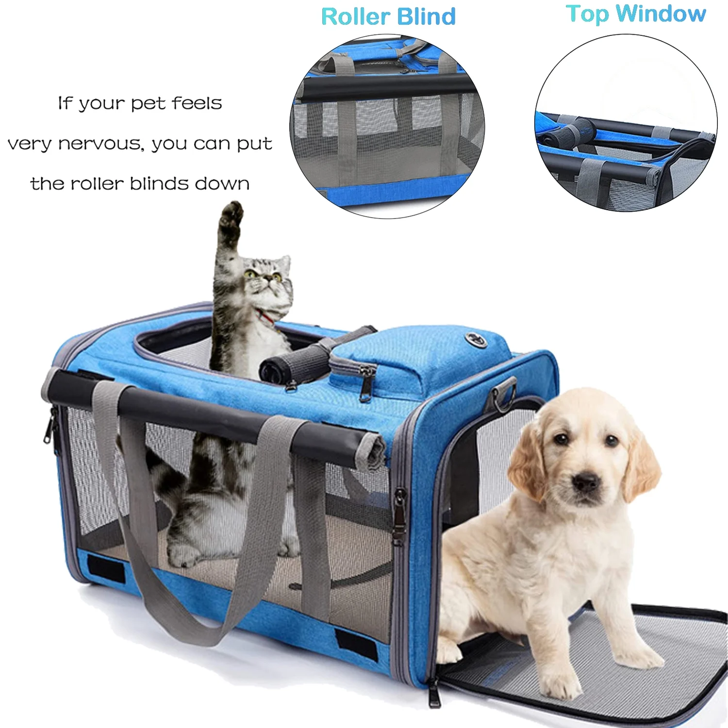 Cat Carrier, Soft Sided Cat Carriers for Large Small Medium Dogs Cats Under 25lbs, Foldable Pet Travel Carrier with a Bowl/Washable Pad, TSA Airline Approved, Blue - Womvr