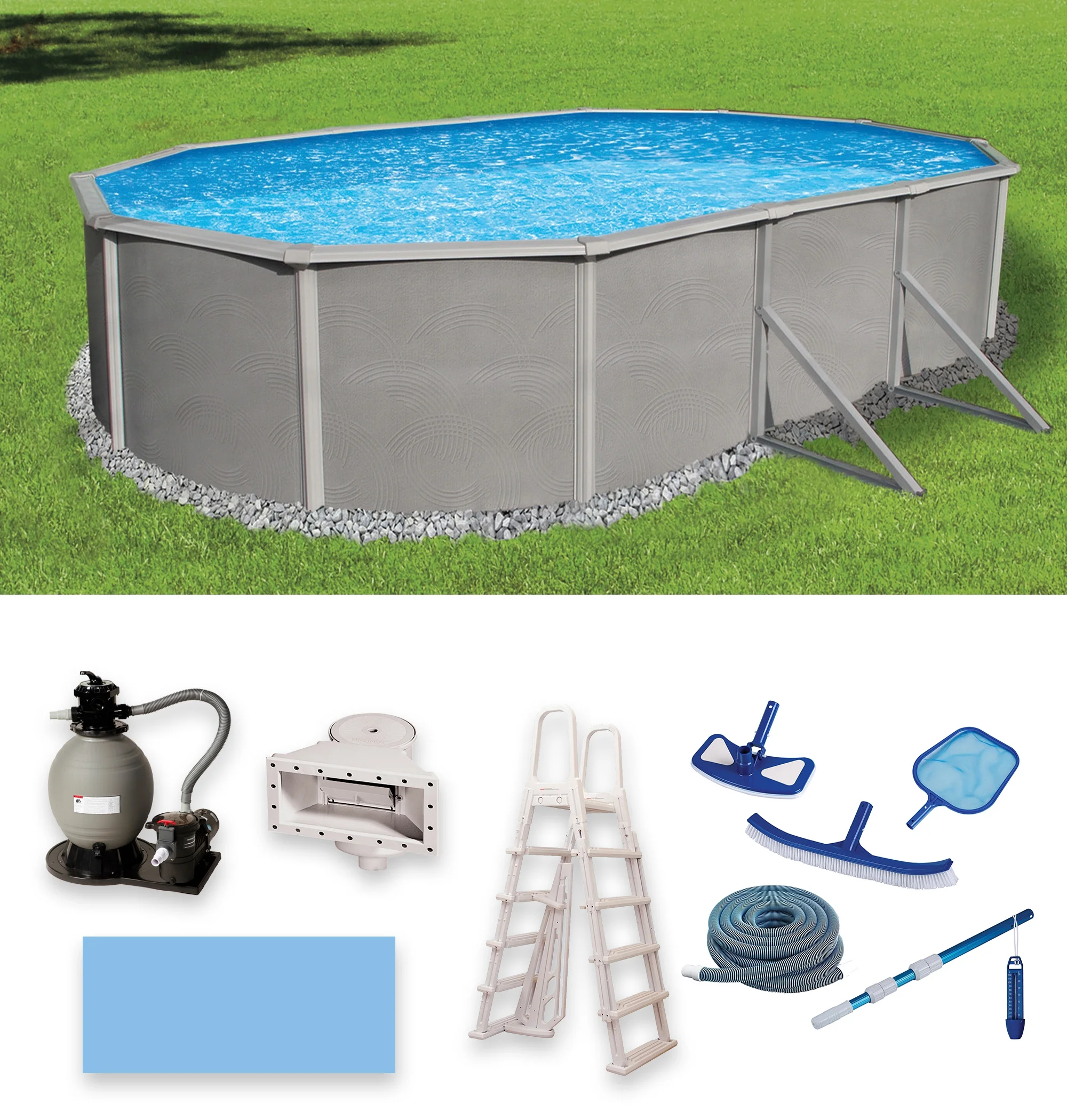 Belize 12-ft x 24-ft Oval 52-in Deep 6-in Top Rail Metal Wall Swimming Pool Package - Womvr