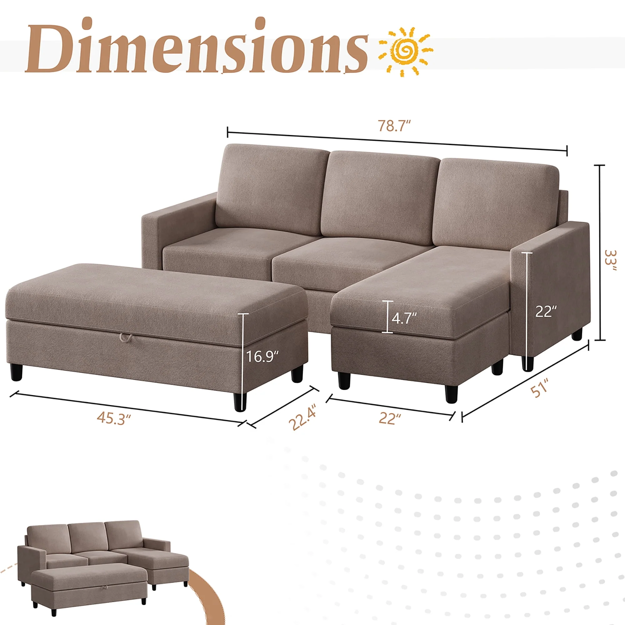 Walsunny Convertible Sectional L-Shaped Sofa with Modern Linen Fabric(Grayish Black) - Womvr