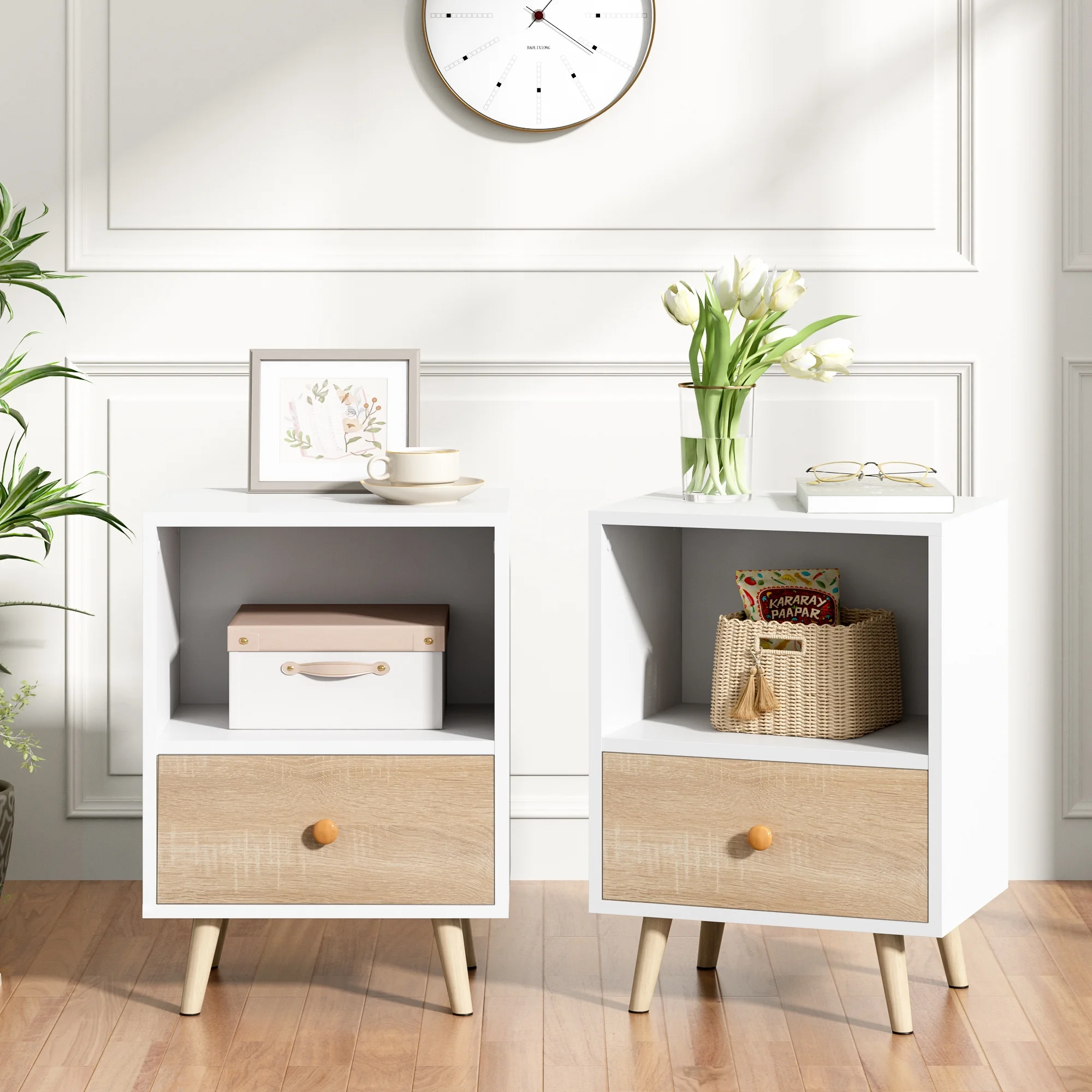 JAXPETY Nightstands Set of 2, Night Stand with 1 Drawer and Open Shelf Storage, End Table, Side Table, for Bedroom, Living Room, Natural Wood & White - Womvr