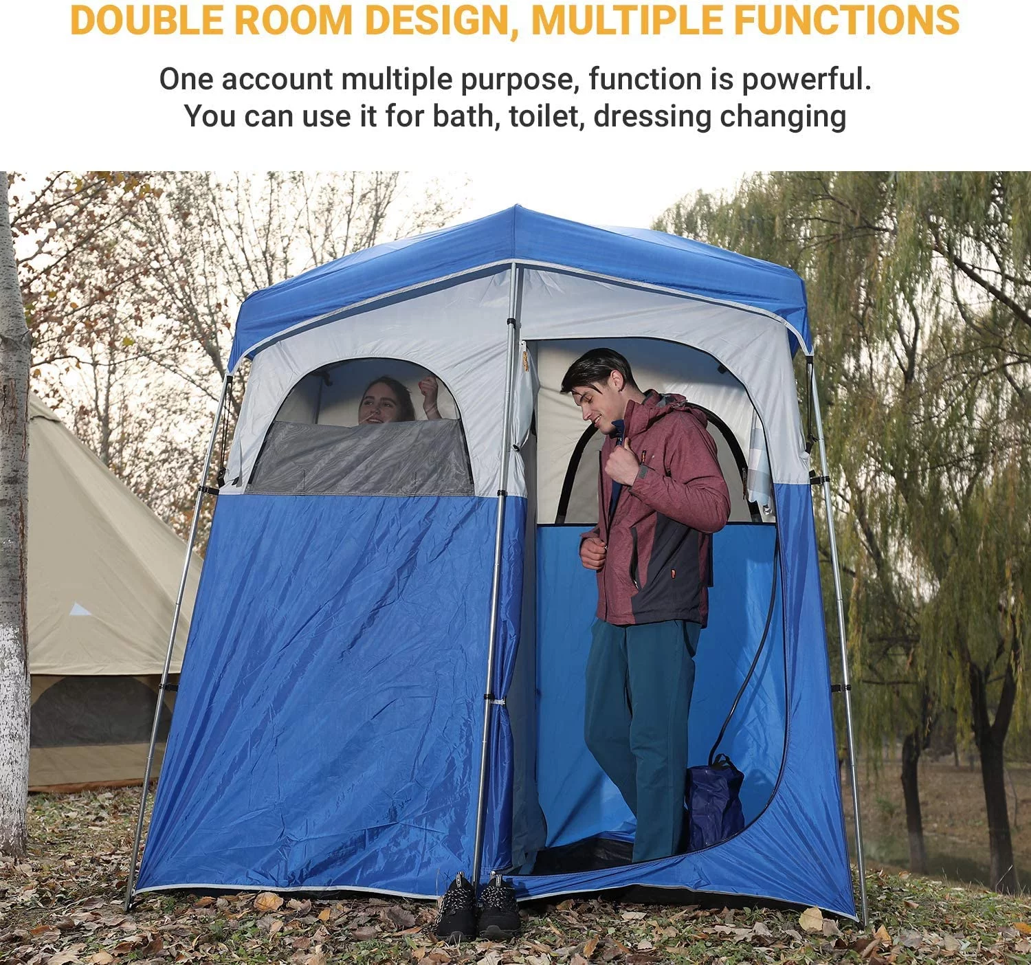 KingCamp Oversized 2 Rooms Camping Shower Tent Extra Wide Outdoor Shower Tent Privacy Tent for Portable Toilet/Bathroom/Dressing Changing Room with Carry Bag, Blue - Womvr