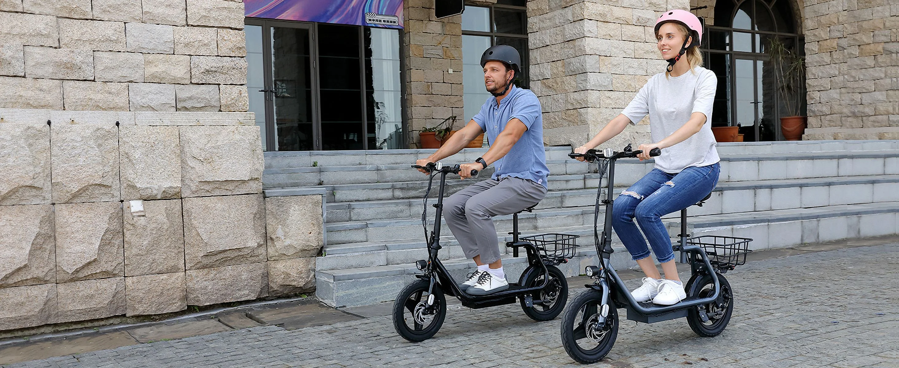 Caroma 500W Electric Scooter with Seat for Adult, 14 inch Commuter Electric Scooter with Dual Shock Absorbers and Basket - Up to 25 Miles 20 MPH, Silver - Womvr