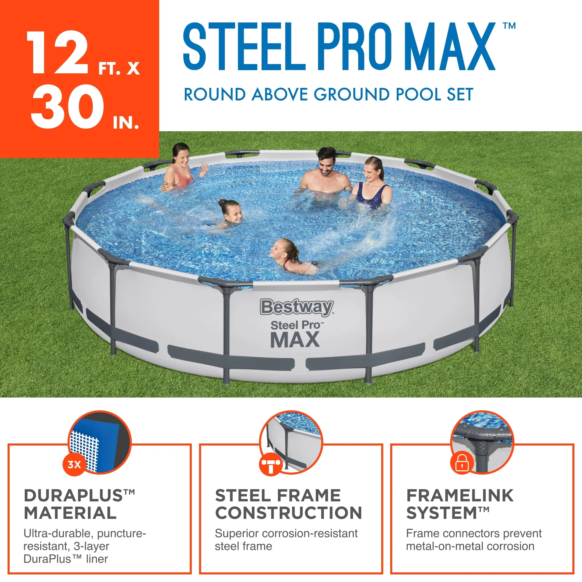 Bestway Steel Pro MAX 12 Foot by 30 Inch Above Ground Swimming Pool Set - Womvr