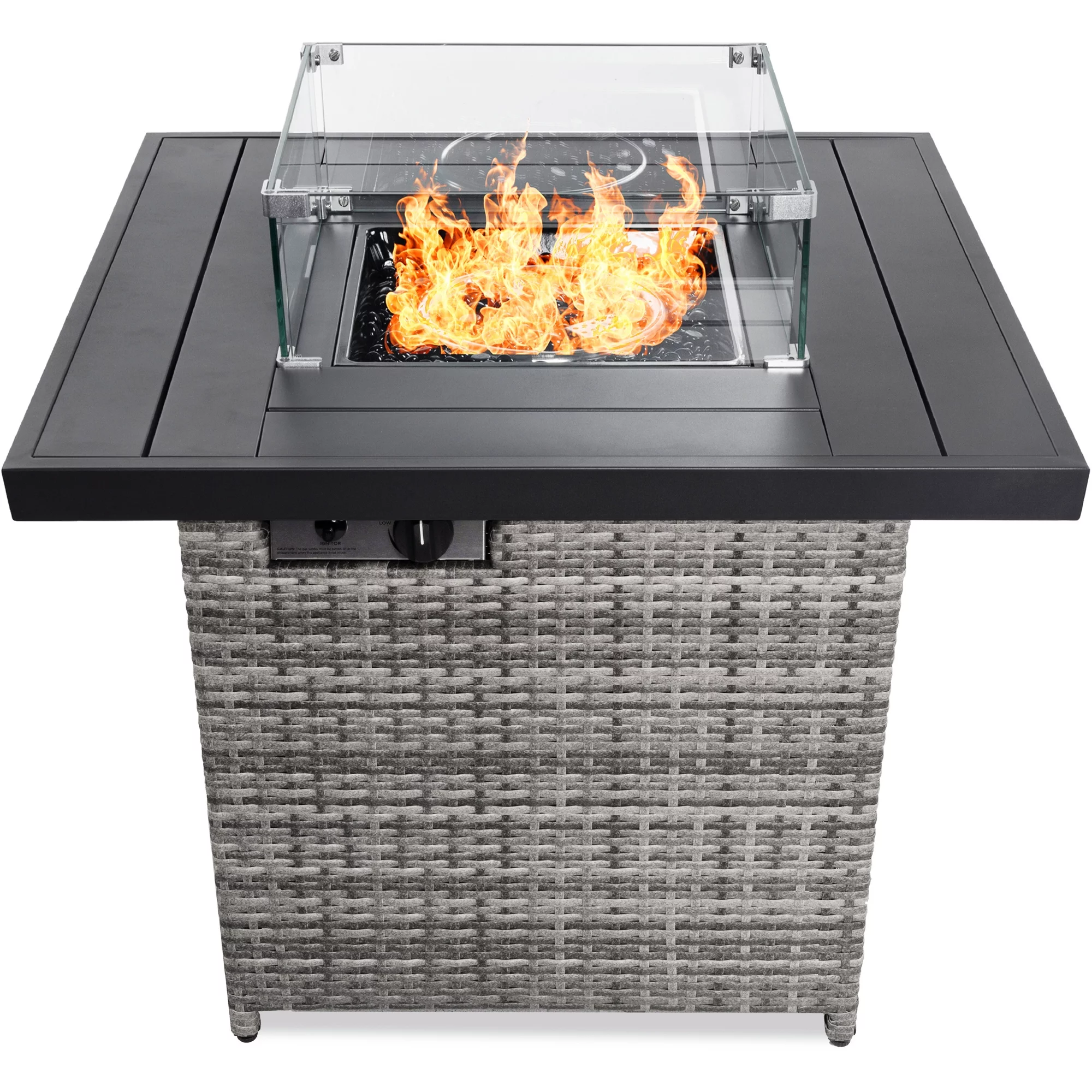 Best Choice Products 32in Fire Pit Table 50,000 BTU Outdoor Wicker Patio w/ Wind Guard, Glass Beads, Cover - Ash Gray - Womvr