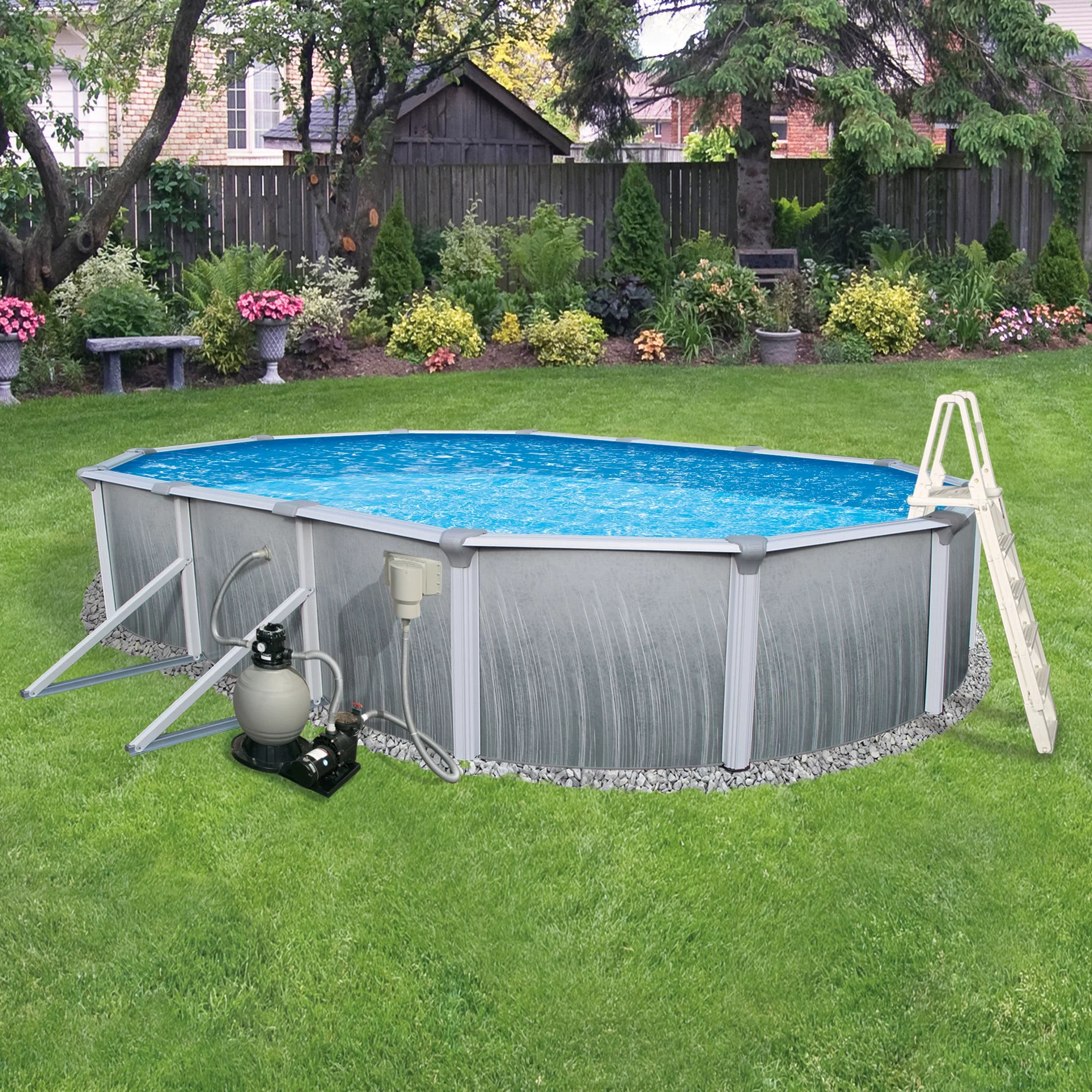 Blue Wave Martinique 12-ft x 24-ft Oval 52-in Deep 7-in Top Rail Metal Wall Swimming Pool Package - Womvr