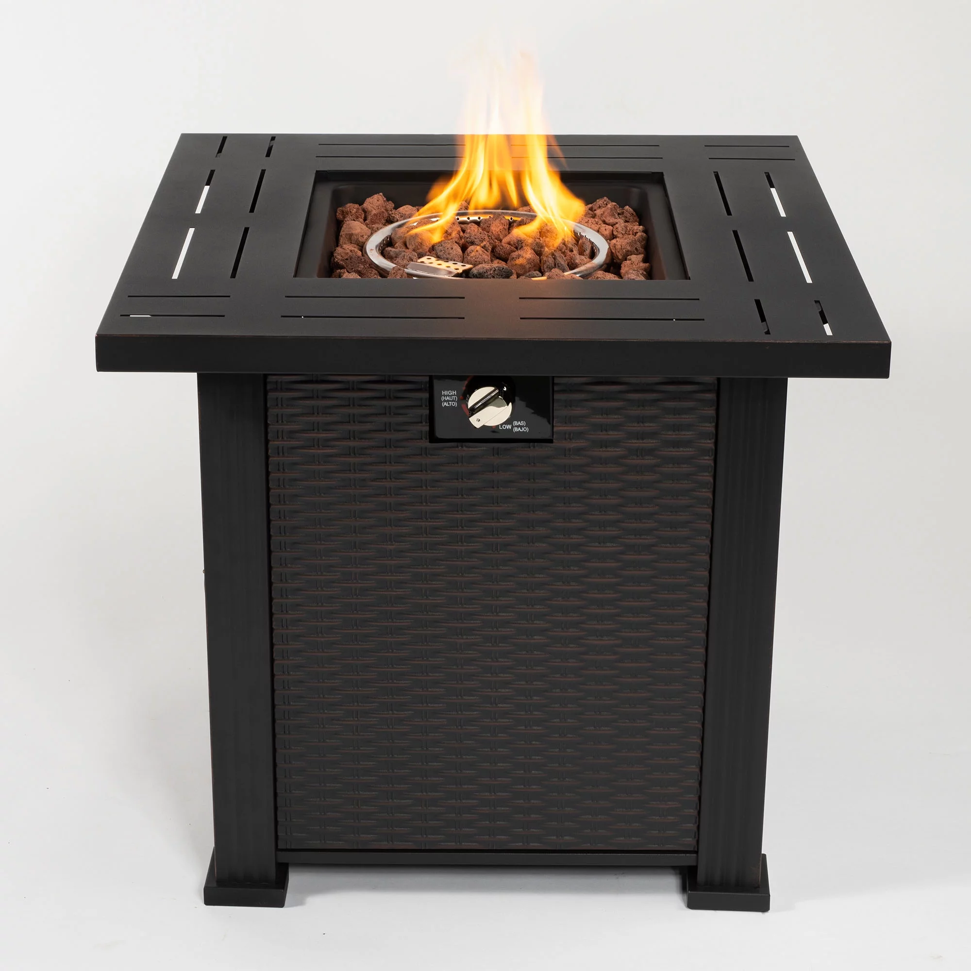 43.3 inch Gas Fire Pit Table, SYNGAR 2-in-1 50,000 BTU Propane Gas Fire Pit Table, Outdoor Propane Fire Pit with Glass Wind Guard, Blue Rocks and Lid, for Patio, Backyard, Garden, Poolside, D4620 - Womvr