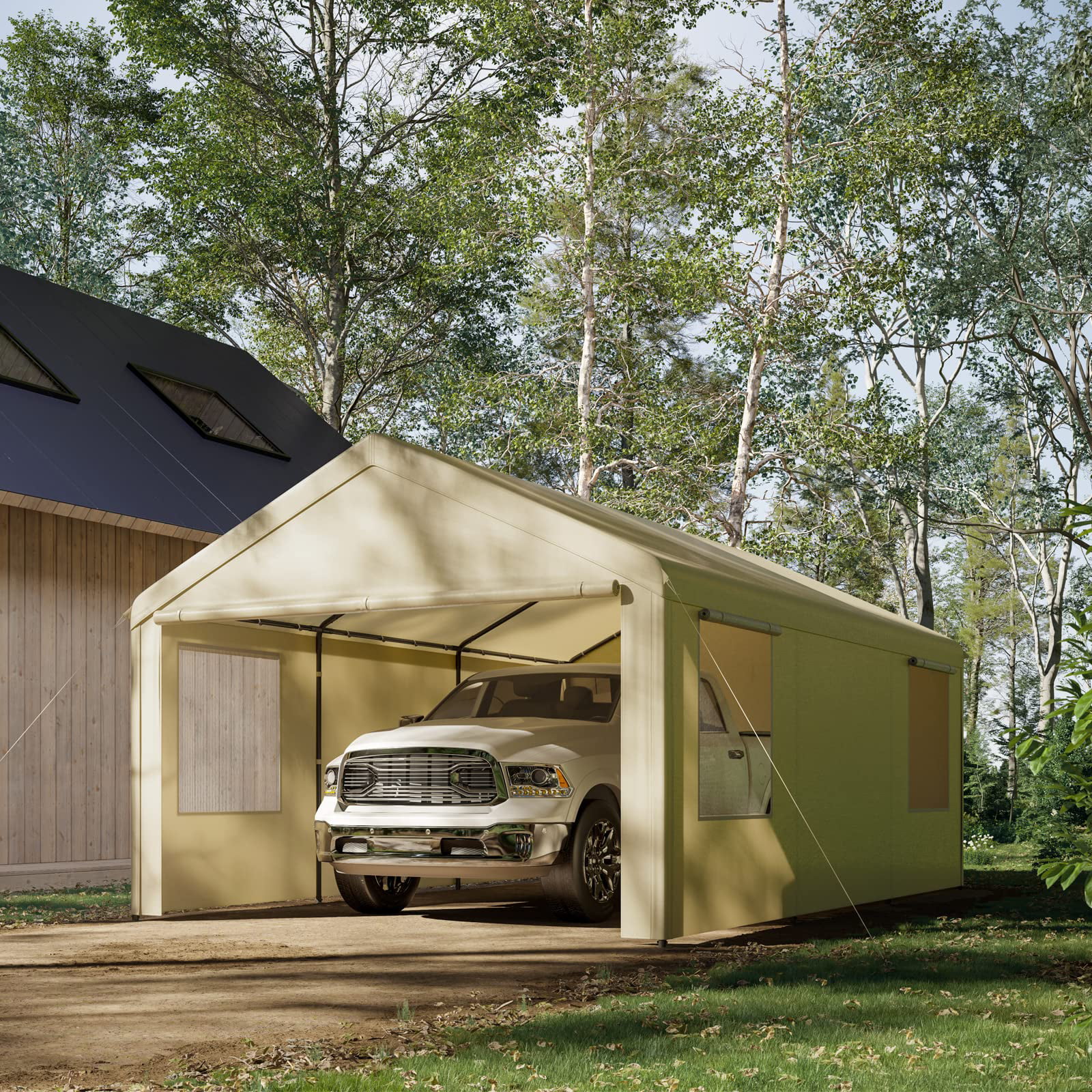 Gardesol Carport, 12'x20' Extra Large Heavy Duty Carport with Removable Sidewalls & Doors, Portable Garage Car Canopy for Car, Truck, SUV, Beige - Womvr