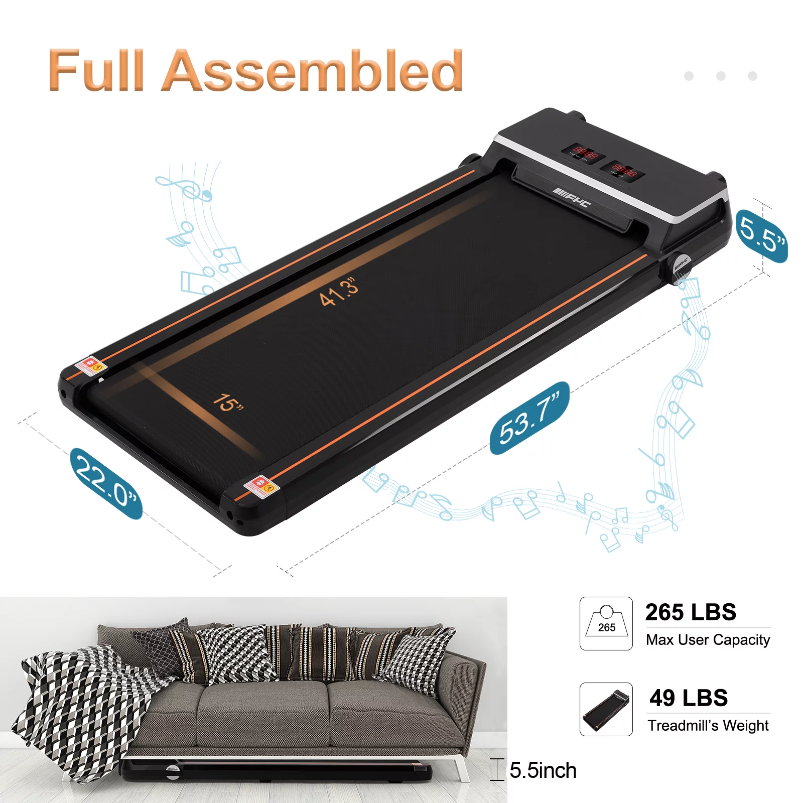 FYC Under Desk Treadmill for Home Office, Slim Walking Smart Treadmill with APP/Bluetooth/Remote Control - Electric Treadmill with LED Display, Running Walking Jogging - White - Womvr