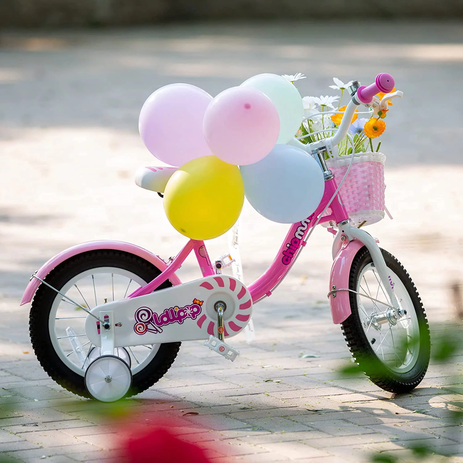 RoyalBaby Chipmunk Girls Kids Bike Bicycle with Basket Training Wheels 14 Inch Lollipop Pink - Womvr