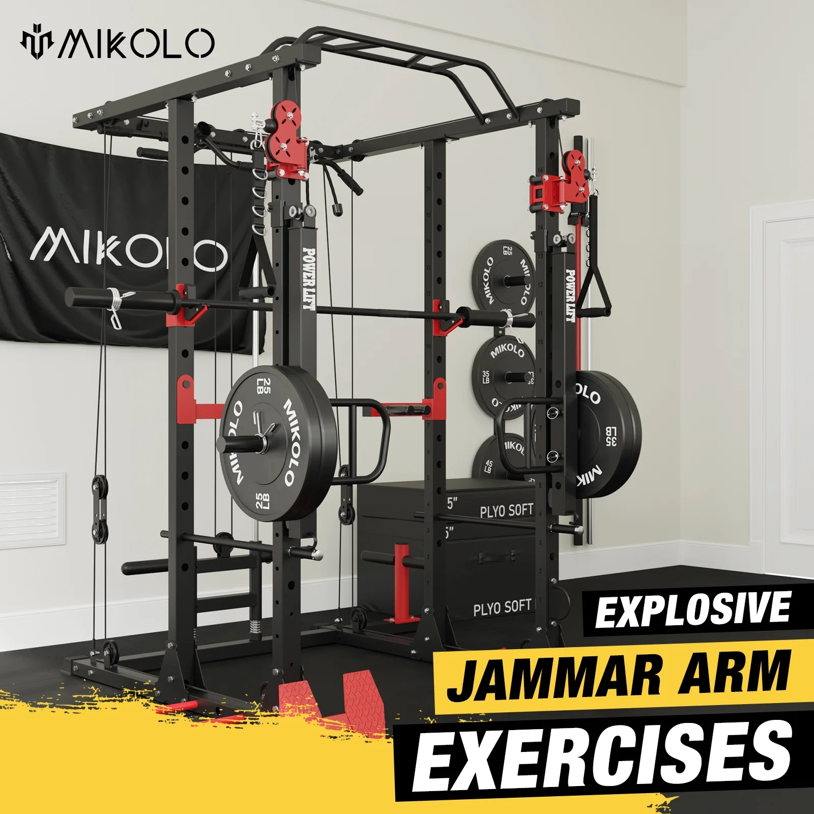 Mikolo Power Rack Cage, 1500 lbs Weight Rack with Cable Crossover Machine,Multi-Function Squat Rack with J Hooks,Dip Bars and Landmine for Home Gym (Black), Plate Loaded Machine - Womvr