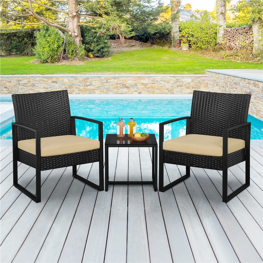 Yaheetech Modern 3-piece Patio Rattan Chairs & Table Set with Cushions, Black/Gray - Womvr