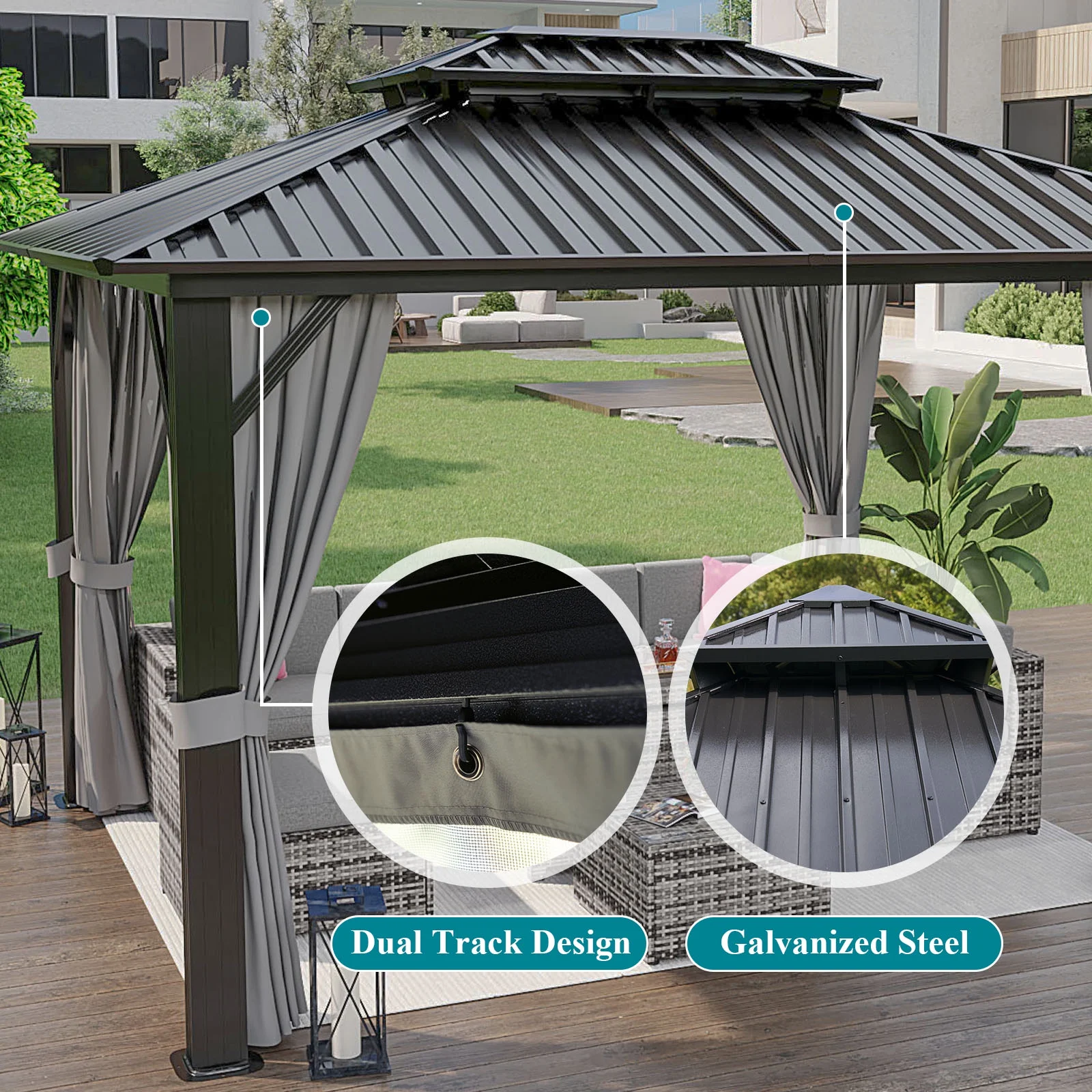 Aoxun 10'x12' Hardtop Gazebo, Outdoor Steel Double Roof Canopy, Aluminum Frame Permanent Pavilion with Curtains and Netting, Sunshade for Garden, Patio, Lawns, Black - Womvr